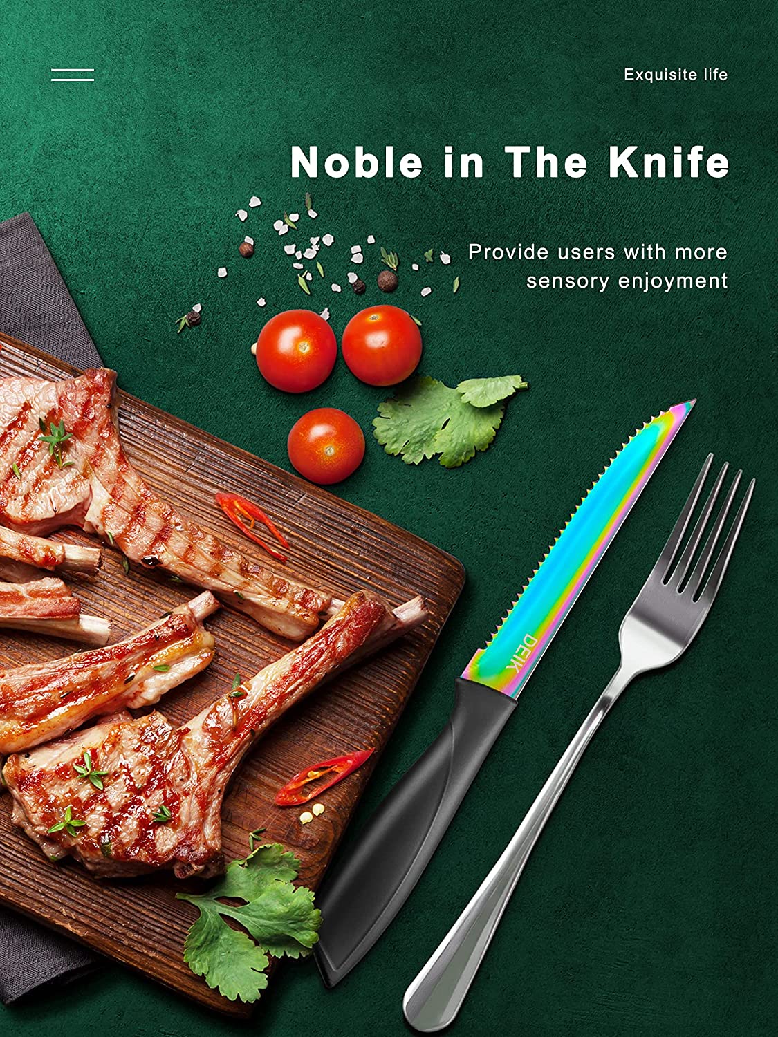 Deik | Knives, Steak Knives Set of 8, Rainbow Titanium Coated Stainless Steel Steak Knives, Super Sharp Serrated Steak Knife with Gift Box