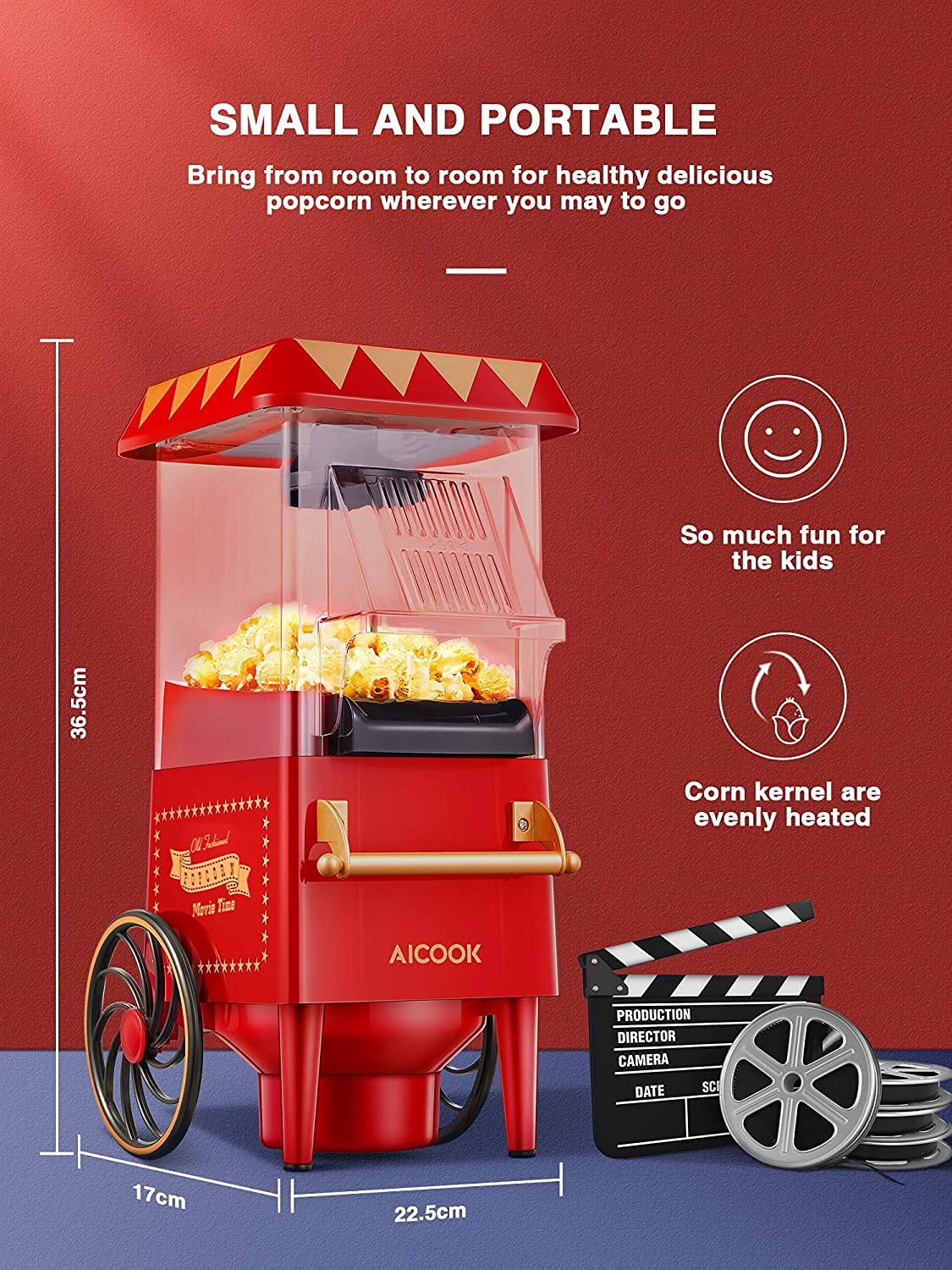 Hot Air Popcorn Popper Maker, 1200W Nostalgia Popcorn Machine with Measuring Cup, Fast Popping, ETL Certified & BPA Free, for Party Christmas and Movie Nights