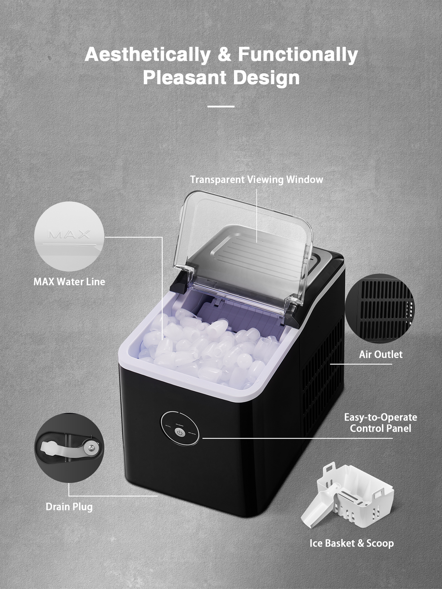 Ice Maker Countertop, 28 lbs. Ice in 24 Hrs, 9 Ice Cubes Ready in 5 Minutes, Portable Ice Maker Machine 2L with LED Display Perfect for Parties Mixed Drinks, Ice Scoop and Basket (Black)