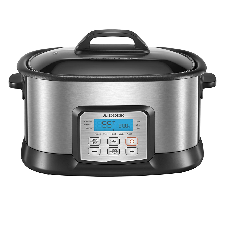 AICOOK 6qt Programmable Slow Cooker, 1500W, 10-in-1 Multi-Use Steamer Food Warmer, Yogurt Maker, 1500W