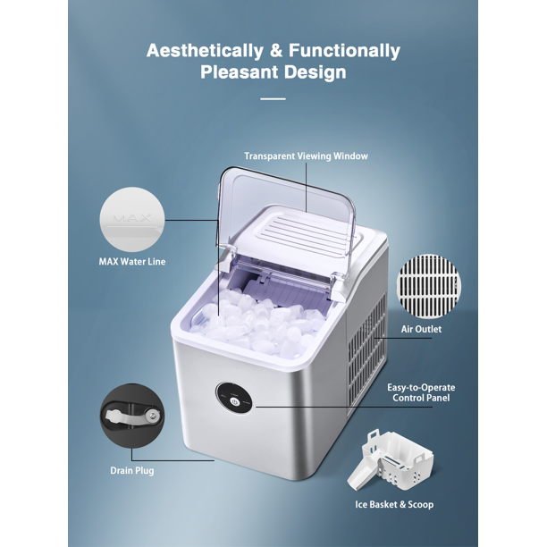 AICOOK | Ice Maker Countertop, 28 lbs. Ice in 24 Hrs, Portable Ice Maker Machine 2L with LED Display Perfect for Parties Mixed Drinks, Ice Scoop and Basket