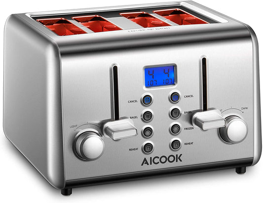 AICOOK |  Retro Stainless Steel Toaster 4 Slice, Toaster with 4 Extra-Wide Slots, Removal Crumb Tray, 6 Browning Settings