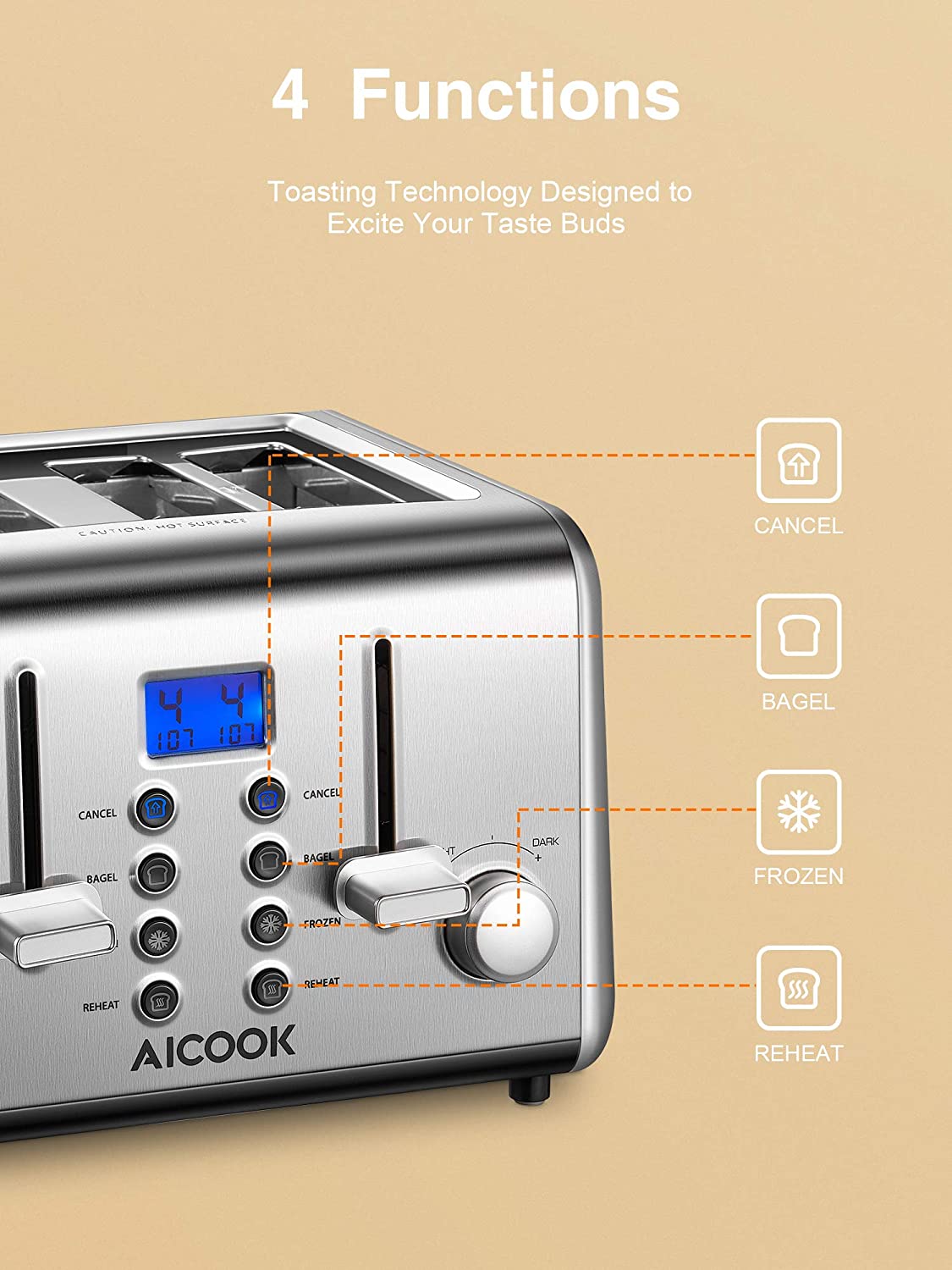 AICOOK |  Retro Stainless Steel Toaster 4 Slice, Toaster with 4 Extra-Wide Slots, Removal Crumb Tray, 6 Browning Settings