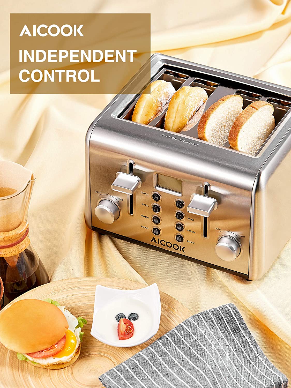 AICOOK |  Retro Stainless Steel Toaster 4 Slice, Toaster with 4 Extra-Wide Slots, Removal Crumb Tray, 6 Browning Settings, Independent Control