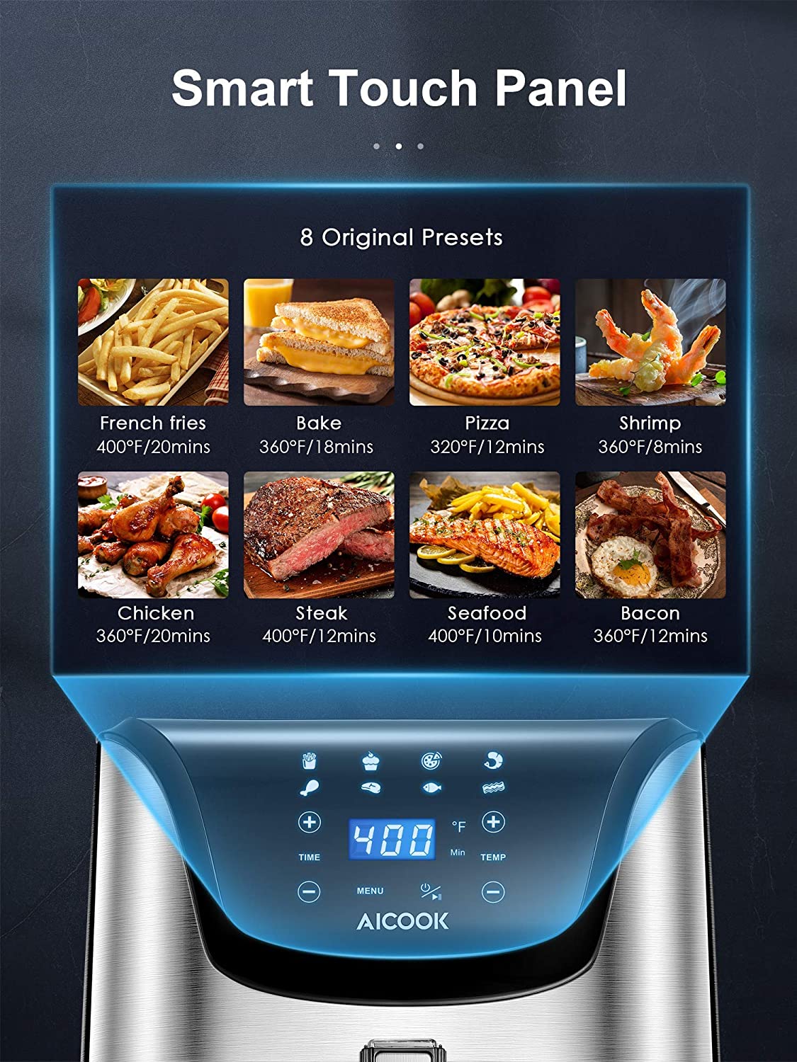 AICOOK AIR FRYER 5.8QT, Air Fryer Oven, Digital Control, Dishwasher-Safe, Smart Touch Panel, Recipe Included, Silver, 2021