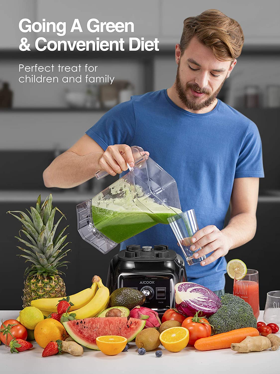 AICOOK | Professional Countertop Blender, 1800W Smoothie Maker Blender for Kitchen, 11-Speed Control Food Processor Blender for Shakes, Smoothies and Frozen Fruit, Going A Green and Covenient Diet