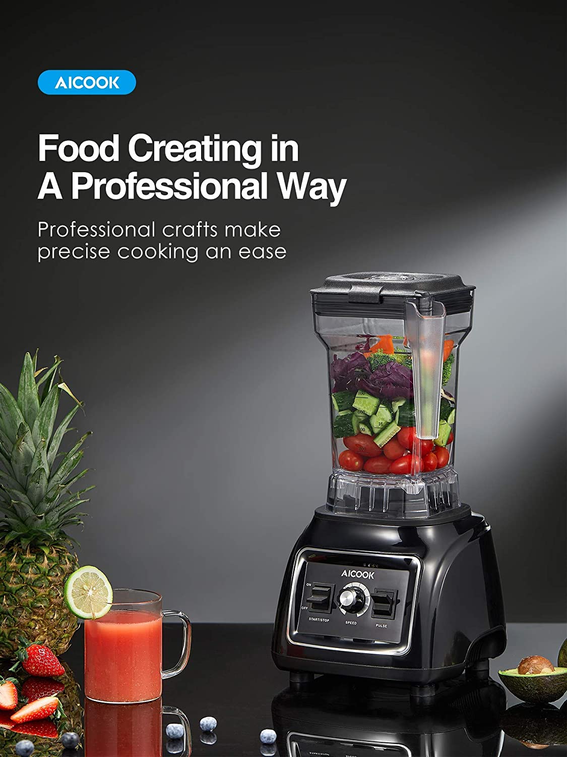 Professional Countertop Blender, AICOOK 1800W Smoothie Maker Blender for Kitchen 11-Speed Control Food Processor Blender for Shakes, Smoothies and Frozen Fruit with 60oz BPA-Free Pitcher