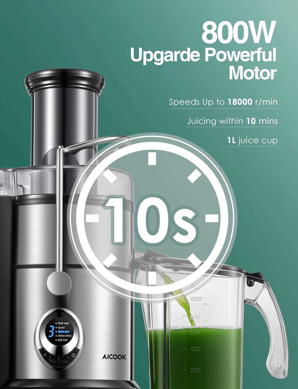 Aicook | Centrifugal Juicer Machines, 800W Juice and Vegetable Extractor 5-Speed Touch Screen, 3.1'' Big Mouth, Quiet Motor, Non-Slip Feet