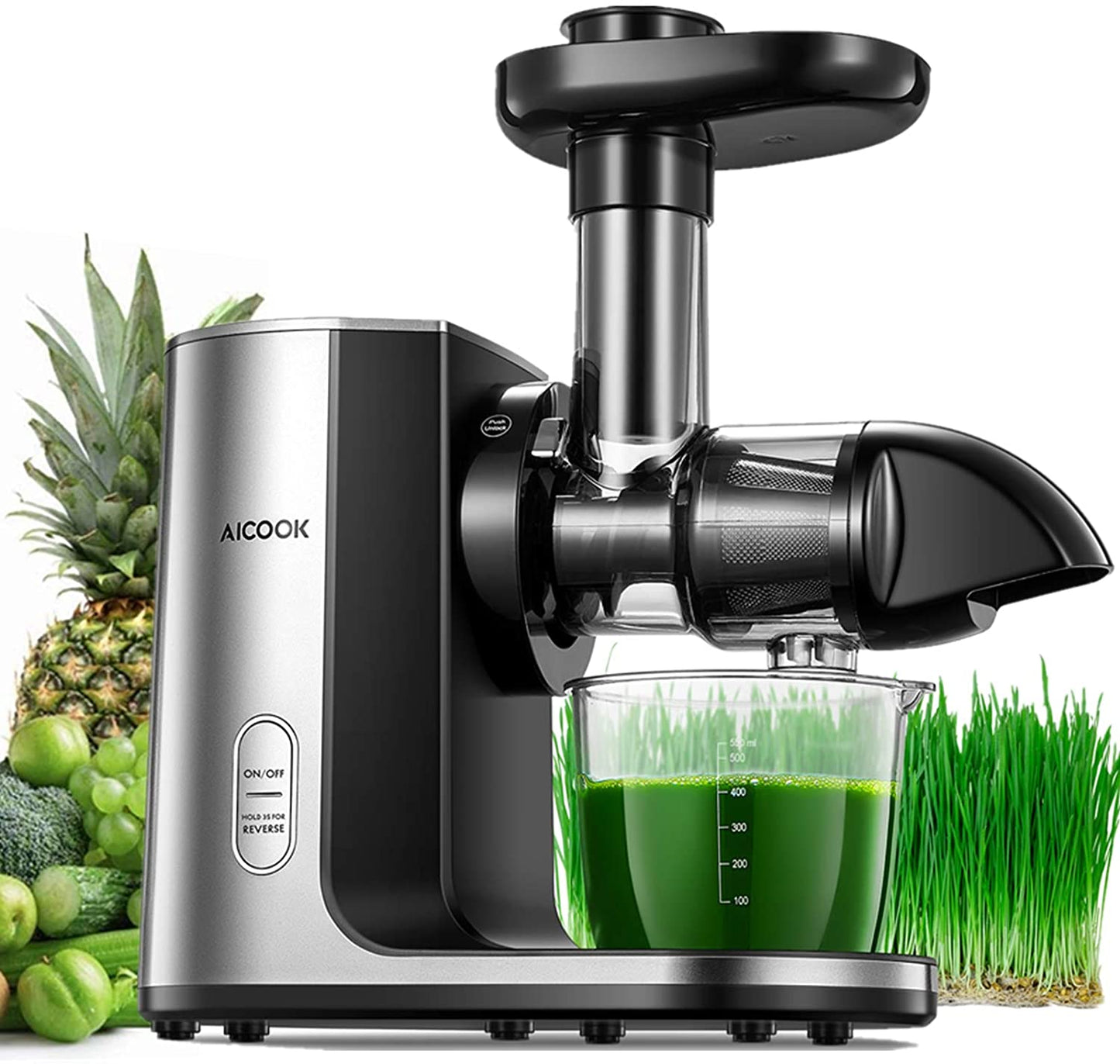 Juicer Machines, Aicook Cold Press Masticating Juicer with Quiet Motor, Easy to Clean with Brush, Higher Juice Yield, Reverse Function & Recipes for Vegetables and Fruits Included