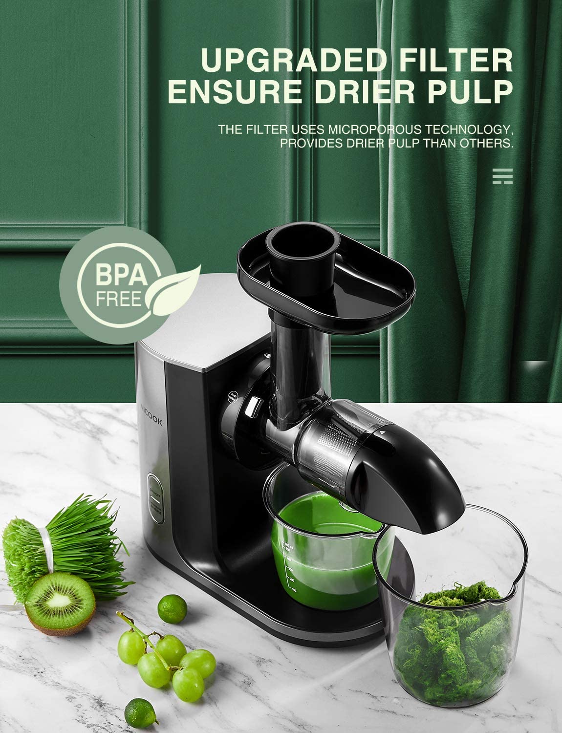 Juicer Machines, Aicook Cold Press Masticating Juicer with Quiet Motor, Easy to Clean with Brush, Higher Juice Yield, Reverse Function & Recipes for Vegetables and Fruits Included