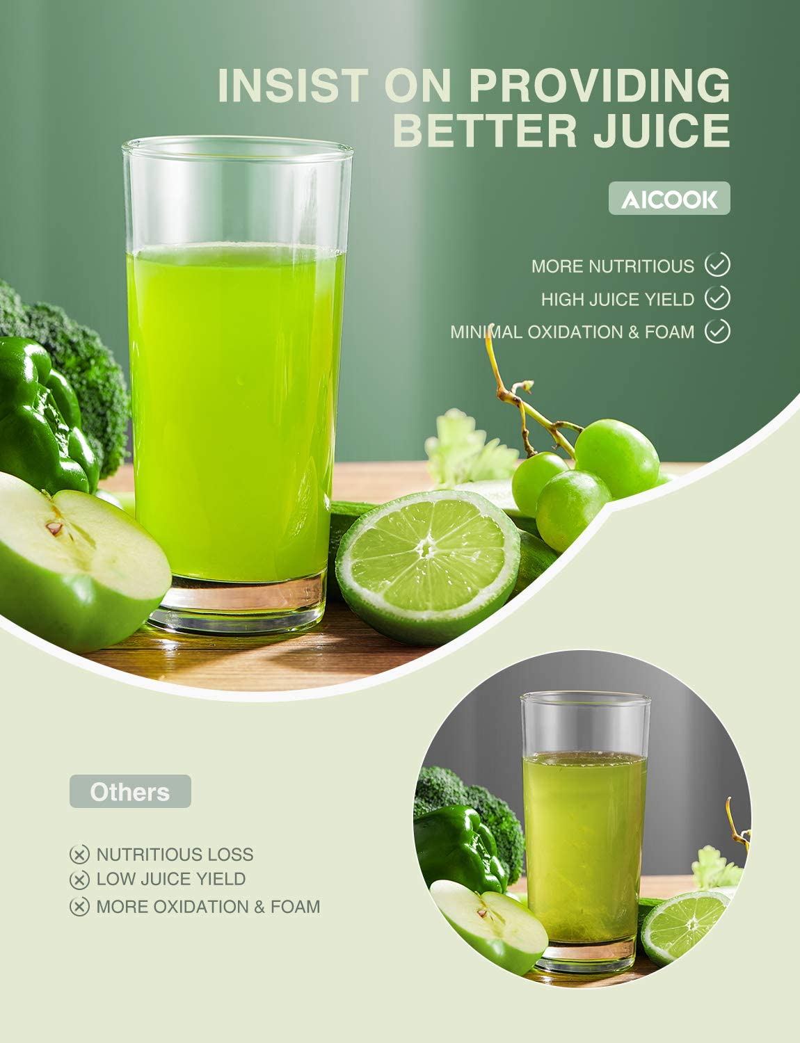 Juicer Machines, Aicook Cold Press Masticating Juicer with Quiet Motor, Easy to Clean with Brush, Higher Juice Yield, Reverse Function & Recipes for Vegetables and Fruits Included