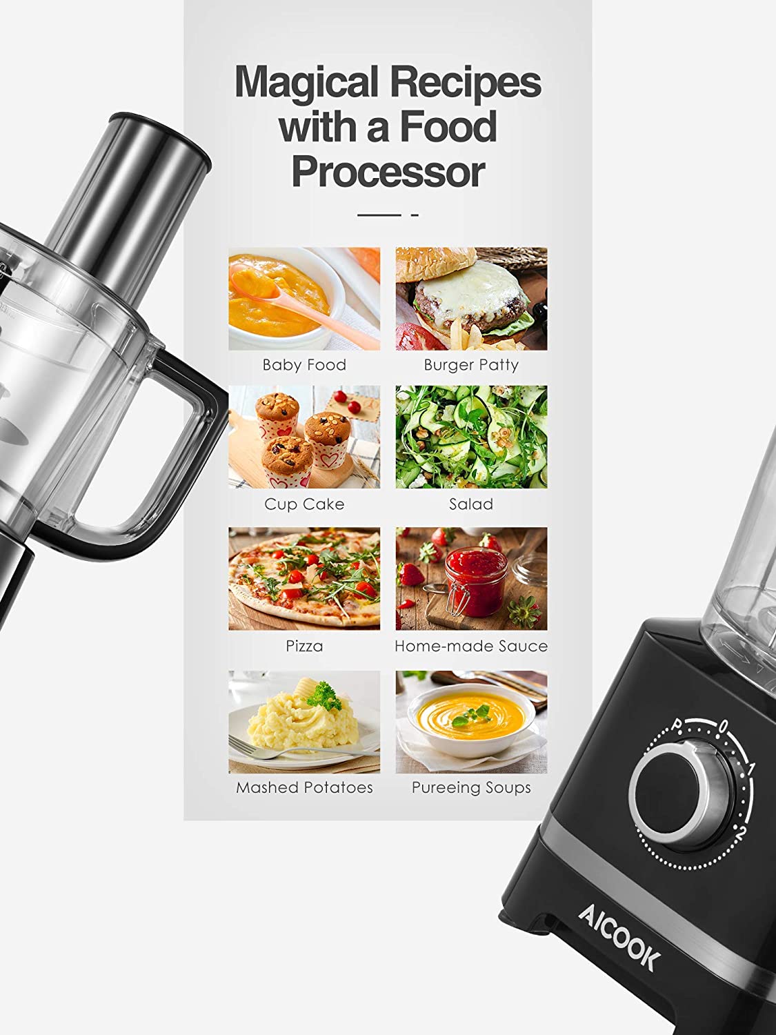 AICOOK 16 Functions Food Processor, 700W, 12-Cup Food Chopper with 4 S