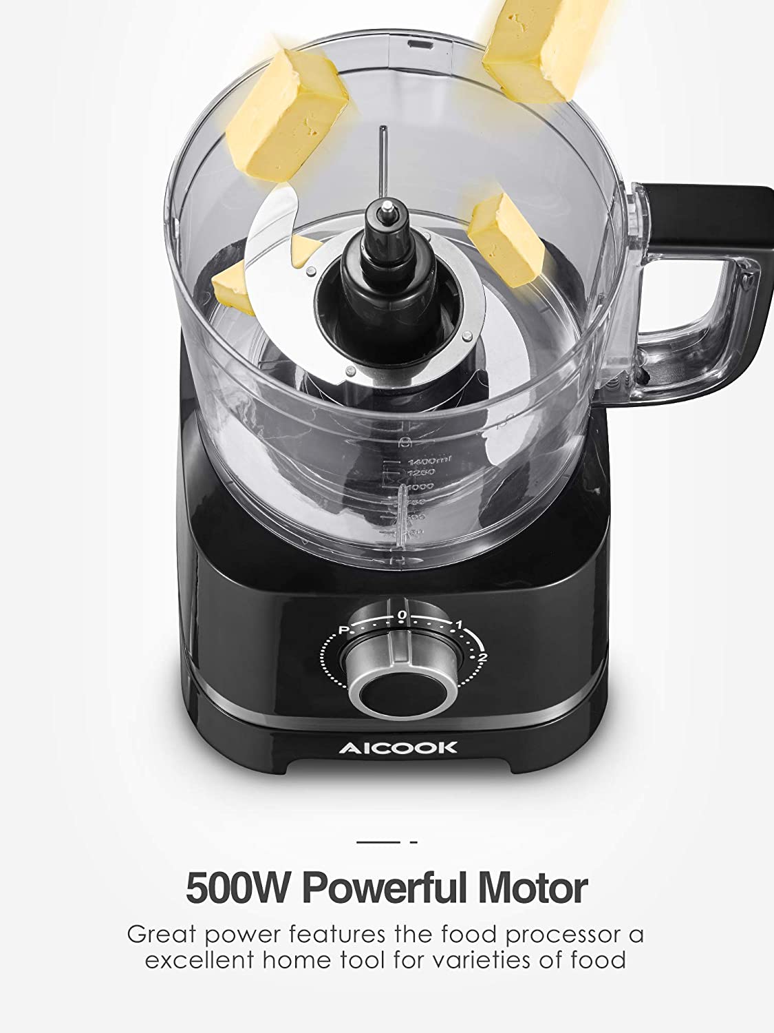 AICOOK | Food Processor, 12-Cup Food Chopper with 16 Functions, 500W Powerful Motor, 4 Speeds Vegetable Chopper for Chopping, Pureeing, Mixing, Shredding, Whisking Eggs and Slicing
