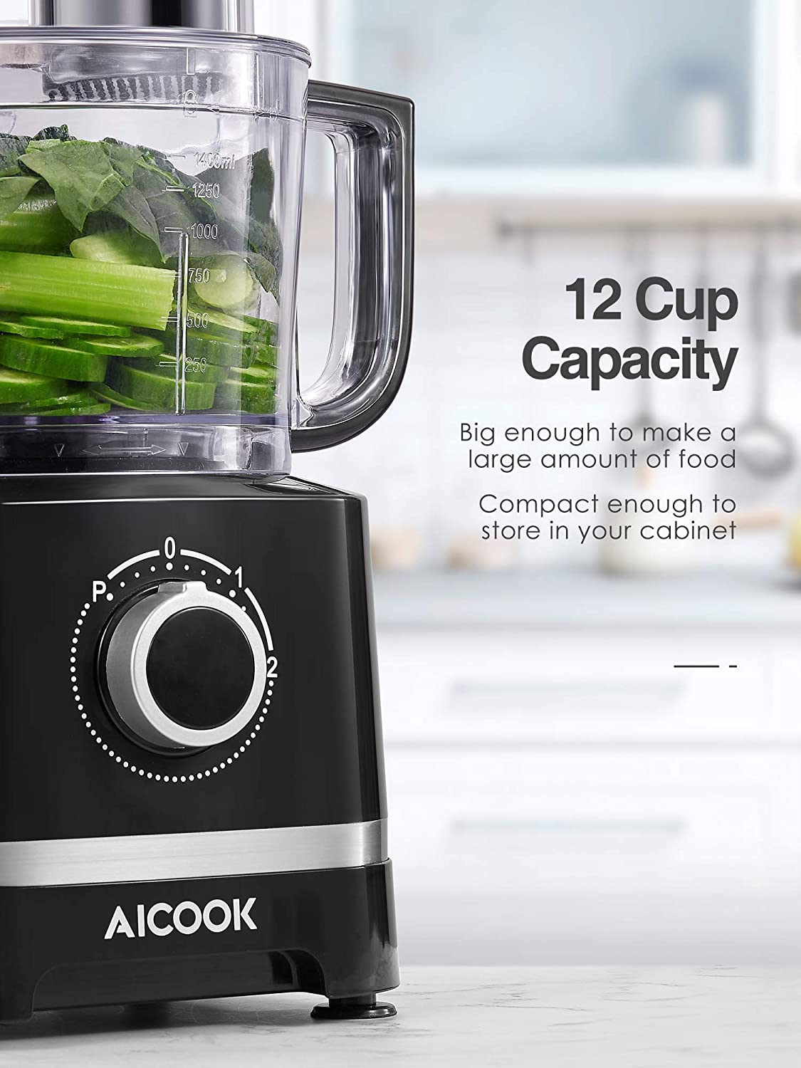 AICOOK 16 Functions Food Processor, 700W, 12-Cup Food Chopper with 4 Speeds  for Chopping, Pureeing, Mixing, Shredding, Whisking Eggs and Slicing