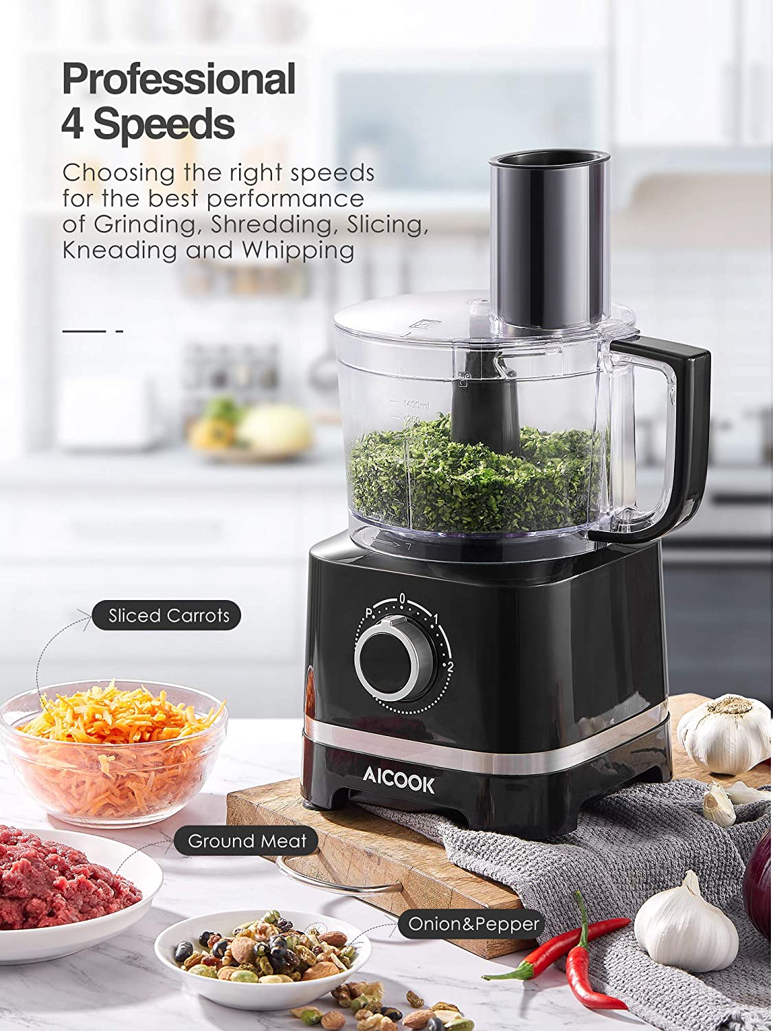 AICOOK | Food Processor, 12-Cup Food Chopper with 16 Functions, 4 Speeds Vegetable Chopper for Chopping, Pureeing, Mixing, Shredding, Whisking Eggs and Slicing