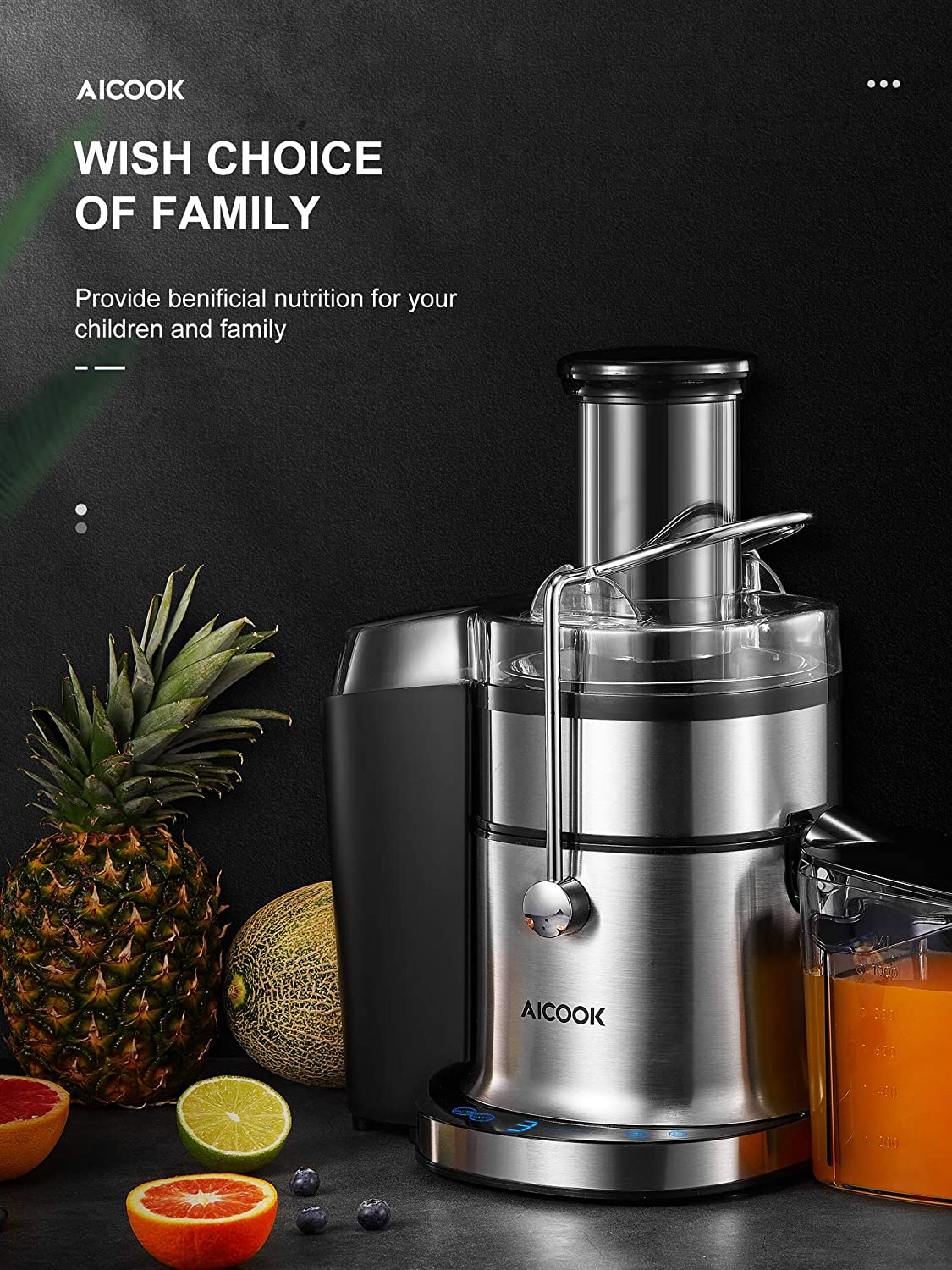 AICOOK | Centrifugal Juicer, 800W Juice Extractor with 5 Settings, Wide Mouth 3" Feed Chute for Whole Fruit Vegetable Juicing Machine, Easy Clean and Assemble, Anti-Drip, Wish Choice Of Family