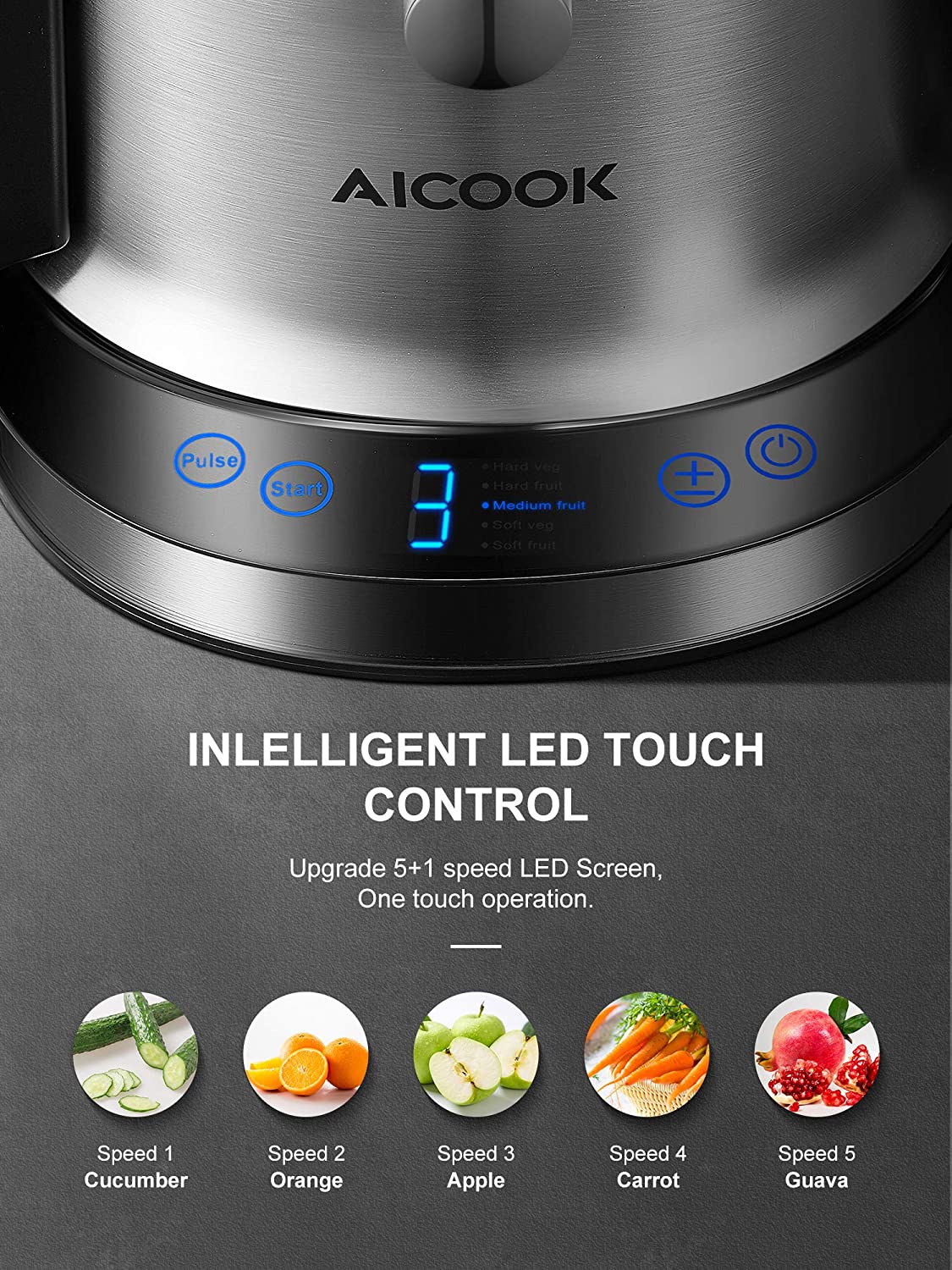 AICOOK | Centrifugal Juicer, 800W Juice Extractor with 5 Settings, Wide Mouth 3" Feed Chute for Whole Fruit Vegetable Juicing Machine, Easy Clean and Assemble, Anti-Drip, Intelligent LED Touch Control