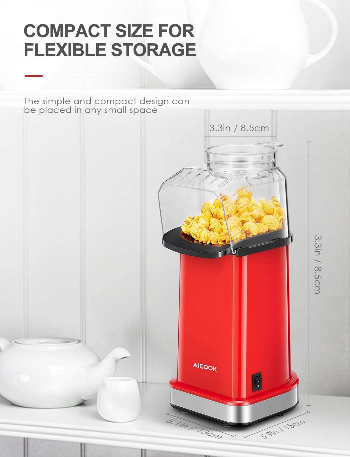 AICOOK Hot Air Popcorn Popper, 1400W, Popcorn Maker With Measuring Cup