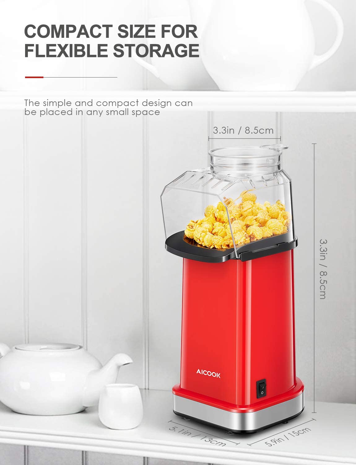 AICOOK | Hot Air Popcorn Popper, 1400W Home Popcorn Maker with Measuring Cup & Removable Lid, 3 Minutes Fast, Compact Size For Flexible Storage, Healthy Oil-Free & BPA-Free, Red