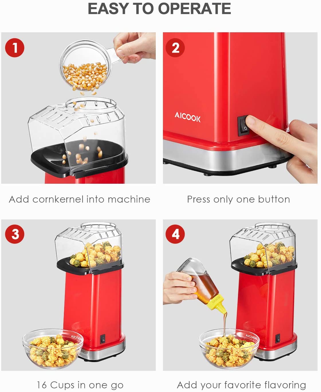 AICOOK | Hot Air Popcorn Popper, 1400W Home Popcorn Maker with Measuring Cup & Removable Lid, 3 Minutes Fast, East To Operate, Healthy Oil-Free & BPA-Free, Red
