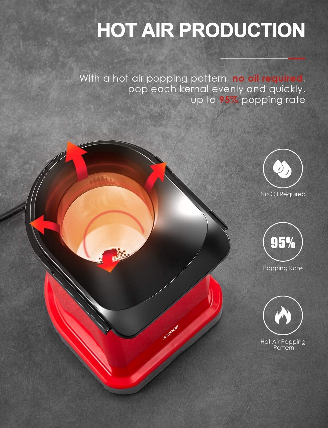 AICOOK | Hot Air Popcorn Popper, 1400W Home Popcorn Maker with Measuring Cup & Removable Lid, 3 Minutes Fast, Hot Air Production, Healthy Oil-Free & BPA-Free, Red