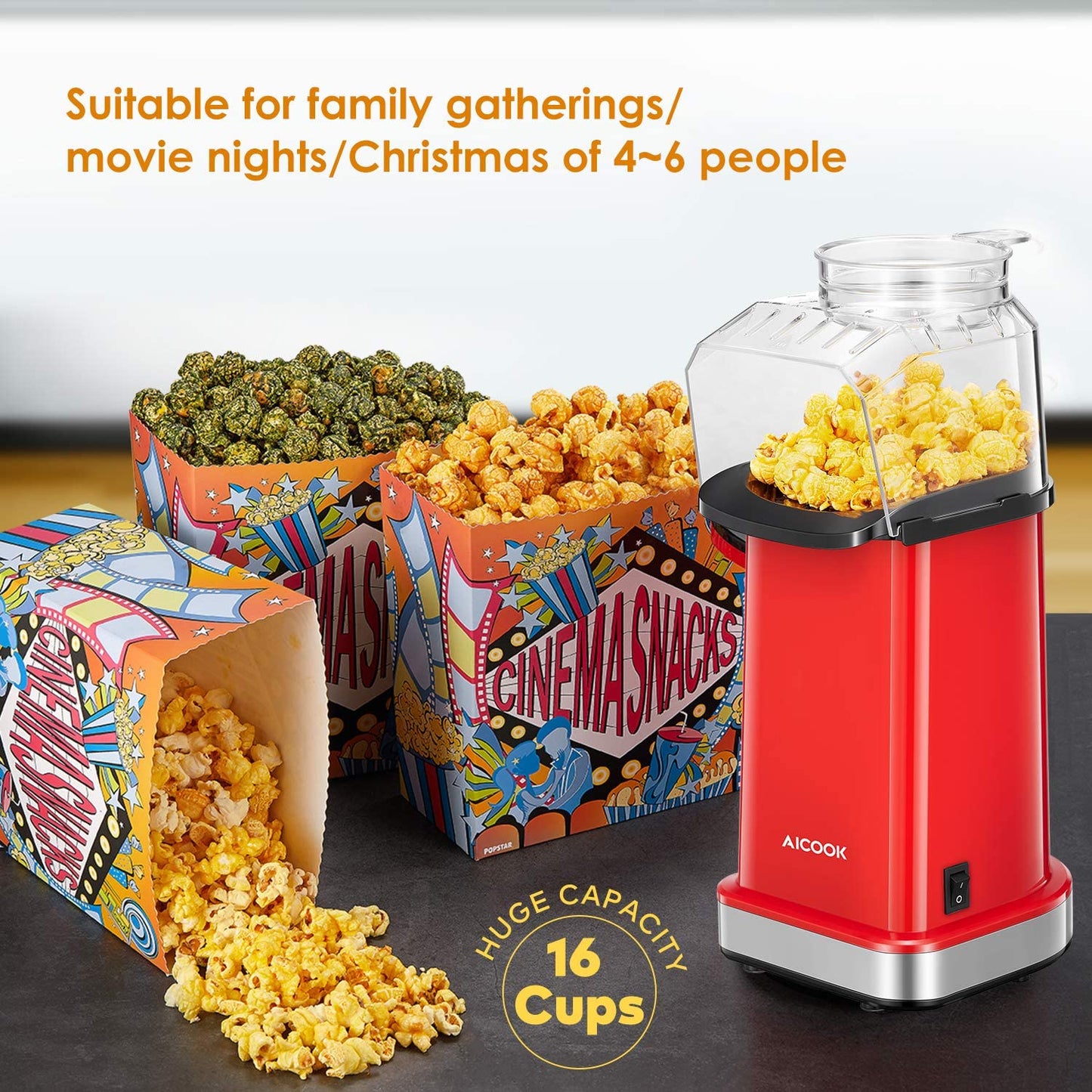 AICOOK | Hot Air Popcorn Popper, 1400W Home Popcorn Maker with Measuring Cup & Removable Lid, 3 Minutes Fast, Healthy Oil-Free & BPA-Free, Red