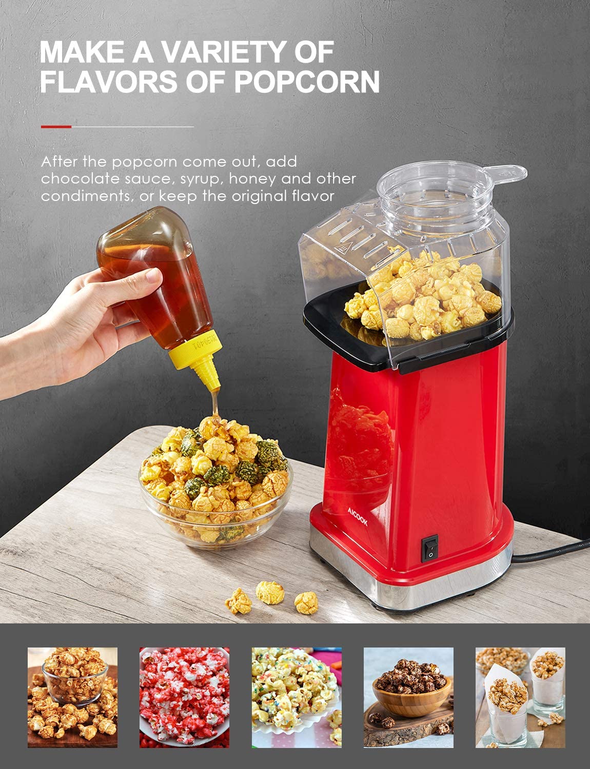 AICOOK | Hot Air Popcorn Popper, 1400W Home Popcorn Maker with Measuring Cup & Removable Lid, 3 Minutes Fast, Healthy Oil-Free & BPA-Free, Red