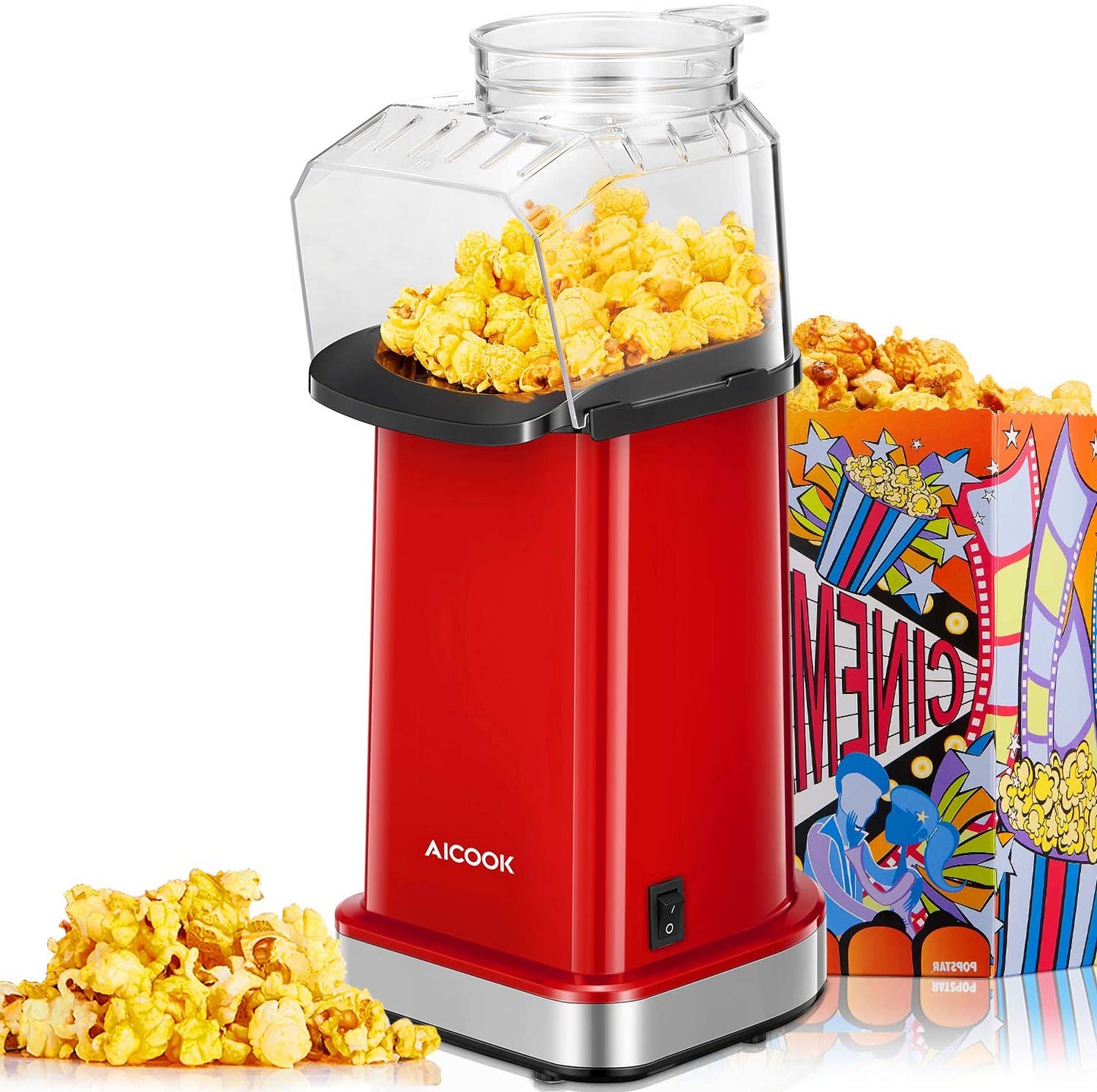 AICOOK | Hot Air Popcorn Popper, 1400W Home Popcorn Maker with Measuring Cup & Removable Lid, 3 Minutes Fast, Healthy Oil-Free & BPA-Free, Red