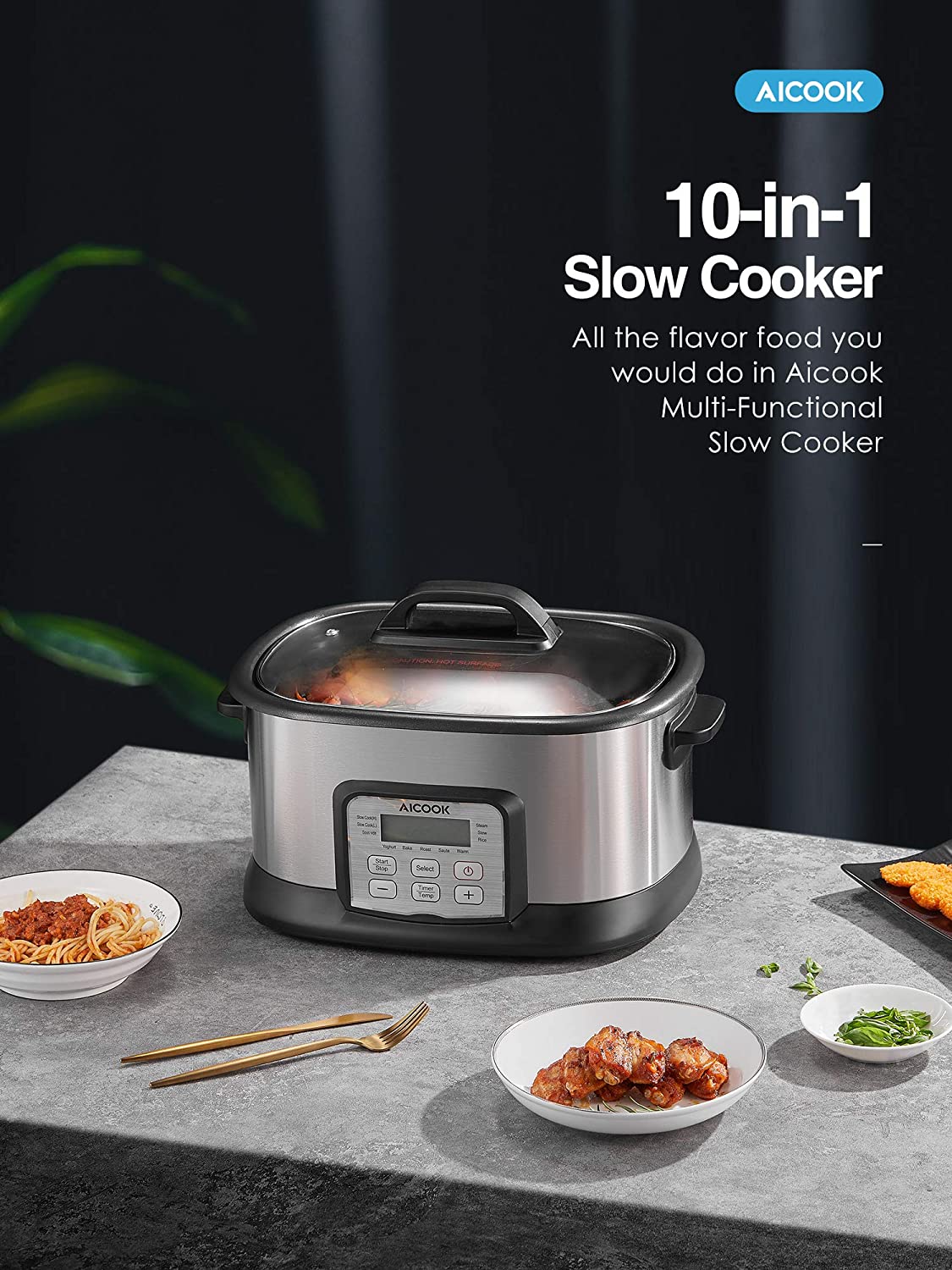 AICOOK 6qt Programmable Slow Cooker, 1500W, 10-in-1 Multi-Use Steamer Food Warmer, Yogurt Maker, 1500W