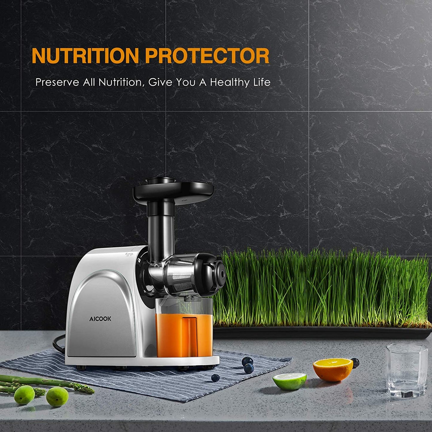 Juicer, Aicook Slow Masticating Juicer, Cold Press Juicer Machine Easy to Clean, Higher Juicer Yield and Drier Pulp, Juice Extractor with Quiet Motor and Reverse Function, BPA-Free, with Recipes