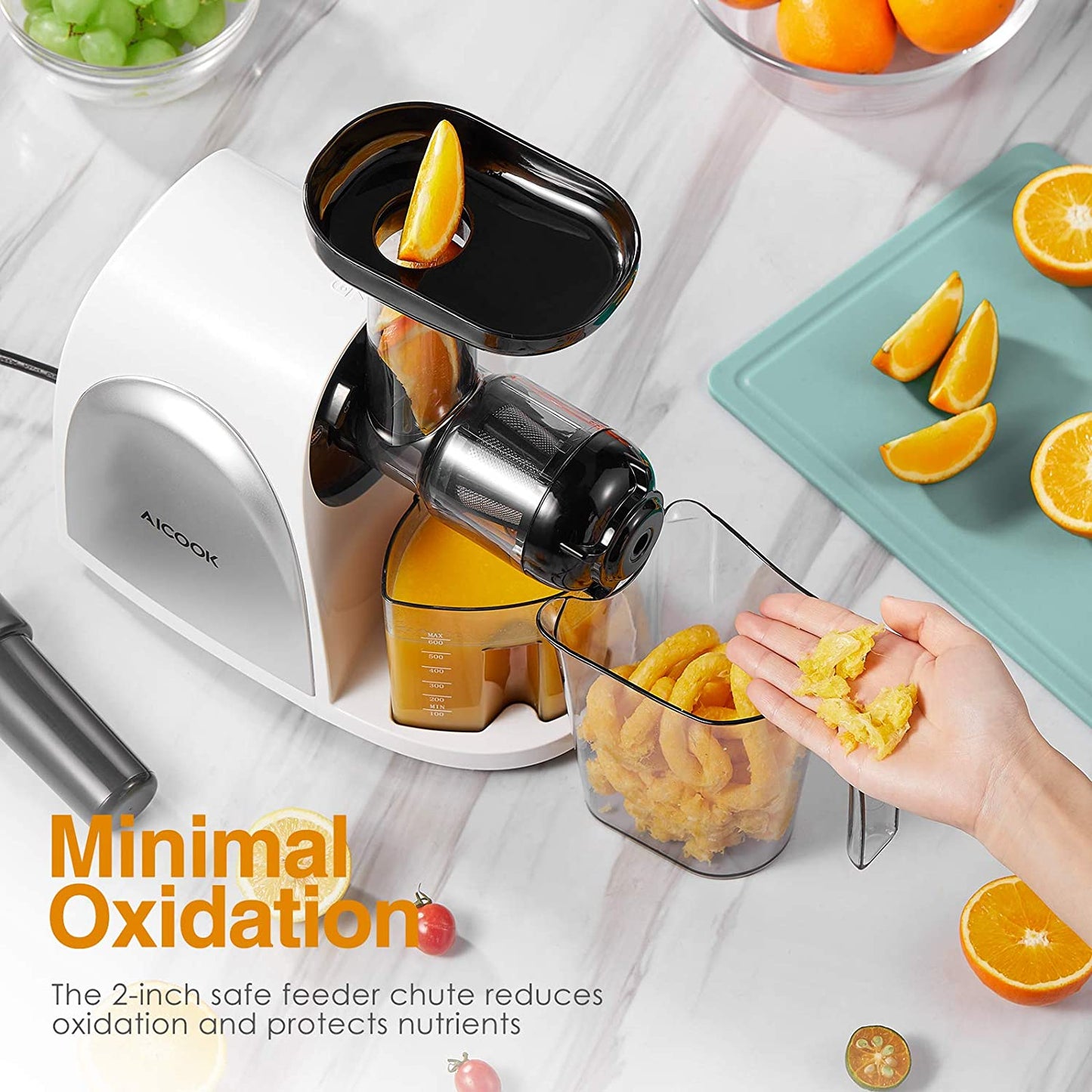 Juicer, Aicook Slow Masticating Juicer, Cold Press Juicer Machine Easy to Clean, Higher Juicer Yield and Drier Pulp, Juice Extractor with Quiet Motor and Reverse Function, BPA-Free, with Recipes