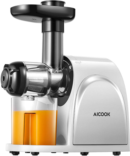 Juicer, Aicook Slow Masticating Juicer, Cold Press Juicer Machine Easy to Clean, Higher Juicer Yield and Drier Pulp, Juice Extractor with Quiet Motor and Reverse Function, BPA-Free, with Recipes