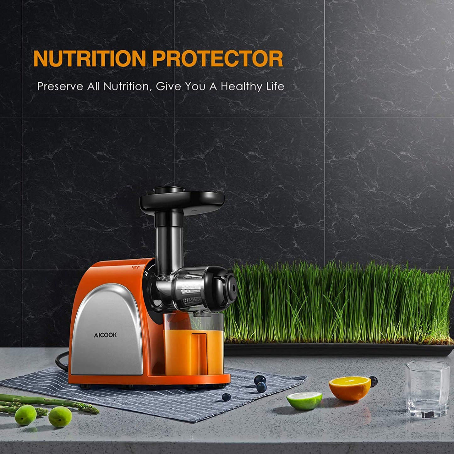 Juicer, Aicook Slow Masticating Juicer, Cold Press Juicer Machine Easy to Clean, Higher Juicer Yield and Drier Pulp, Juice Extractor with Quiet Motor and Reverse Function, BPA-Free, with Recipes