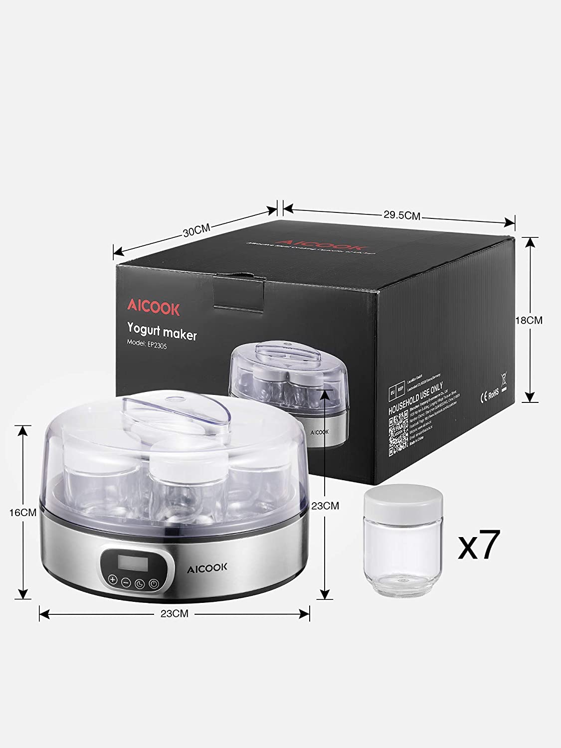 AICOOK | Yogurt Maker, Automatic Digital Yogurt Maker Machine with Timer Control & LCD Display, Stainless Steel Body