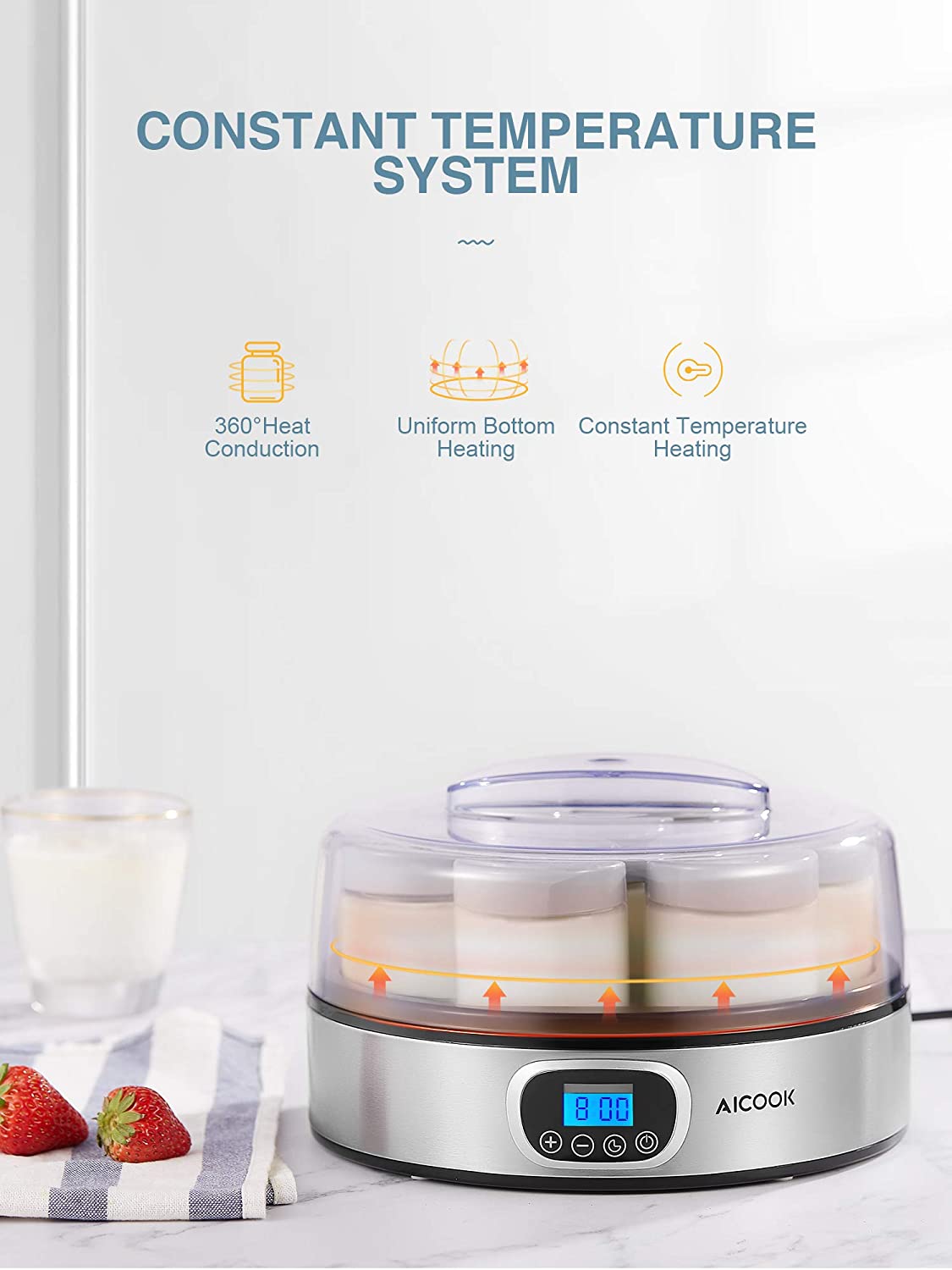 AICOOK | Yogurt Maker, Automatic Digital Yogurt Maker Machine with Timer Control & LCD Display, Stainless Steel Body, Constant Temperature System