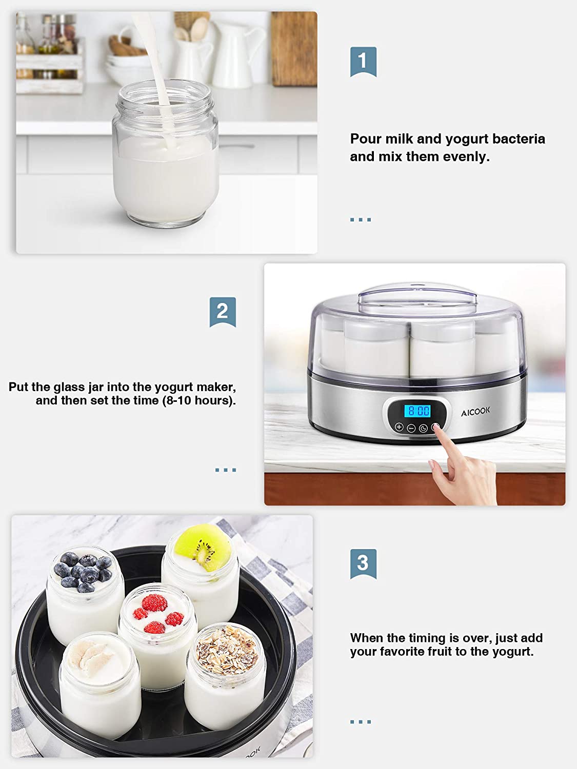 AICOOK | Yogurt Maker, Automatic Digital Yogurt Maker Machine with Timer Control & LCD Display, Stainless Steel Body, Easy To Use