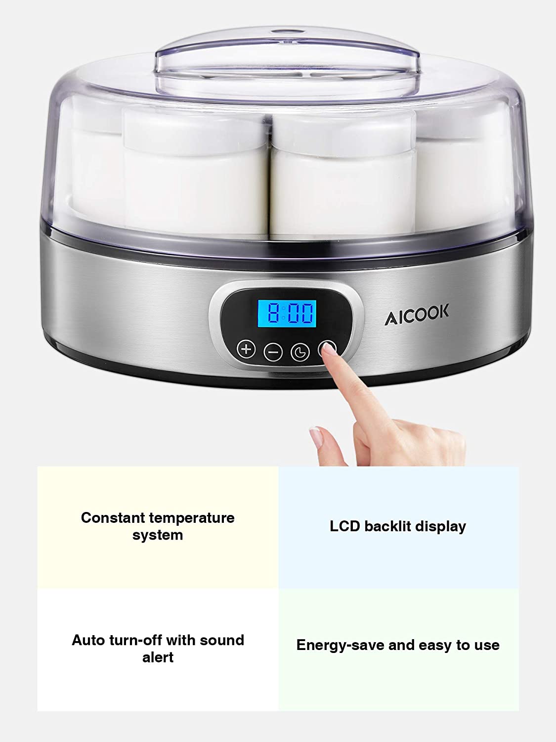 AICOOK | Yogurt Maker, Automatic Digital Yogurt Maker Machine with Timer Control & LCD Display, Stainless Steel Body, Smart Design