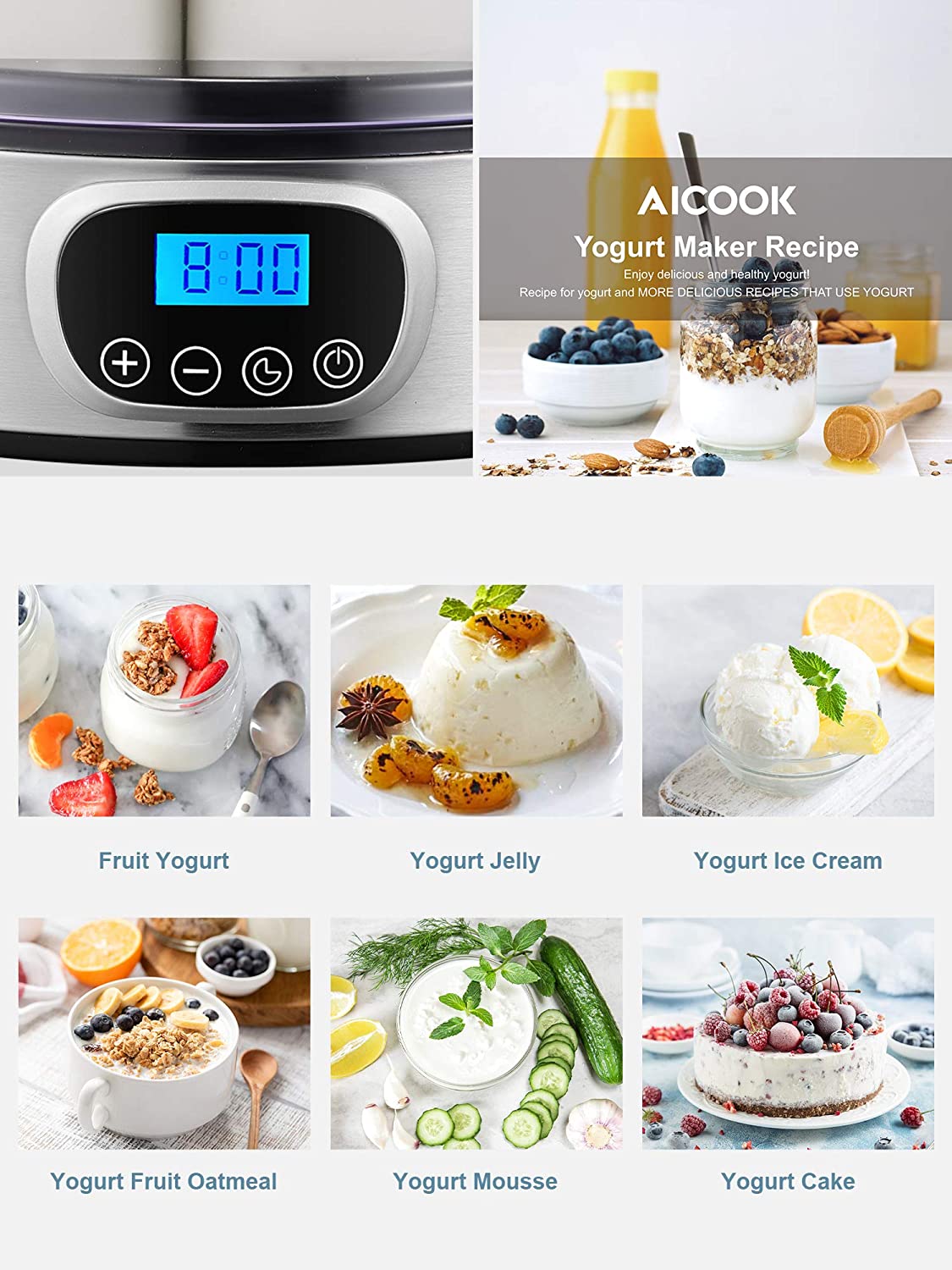 AICOOK | Yogurt Maker, Automatic Digital Yogurt Maker Machine with Timer Control & LCD Display, Stainless Steel Body