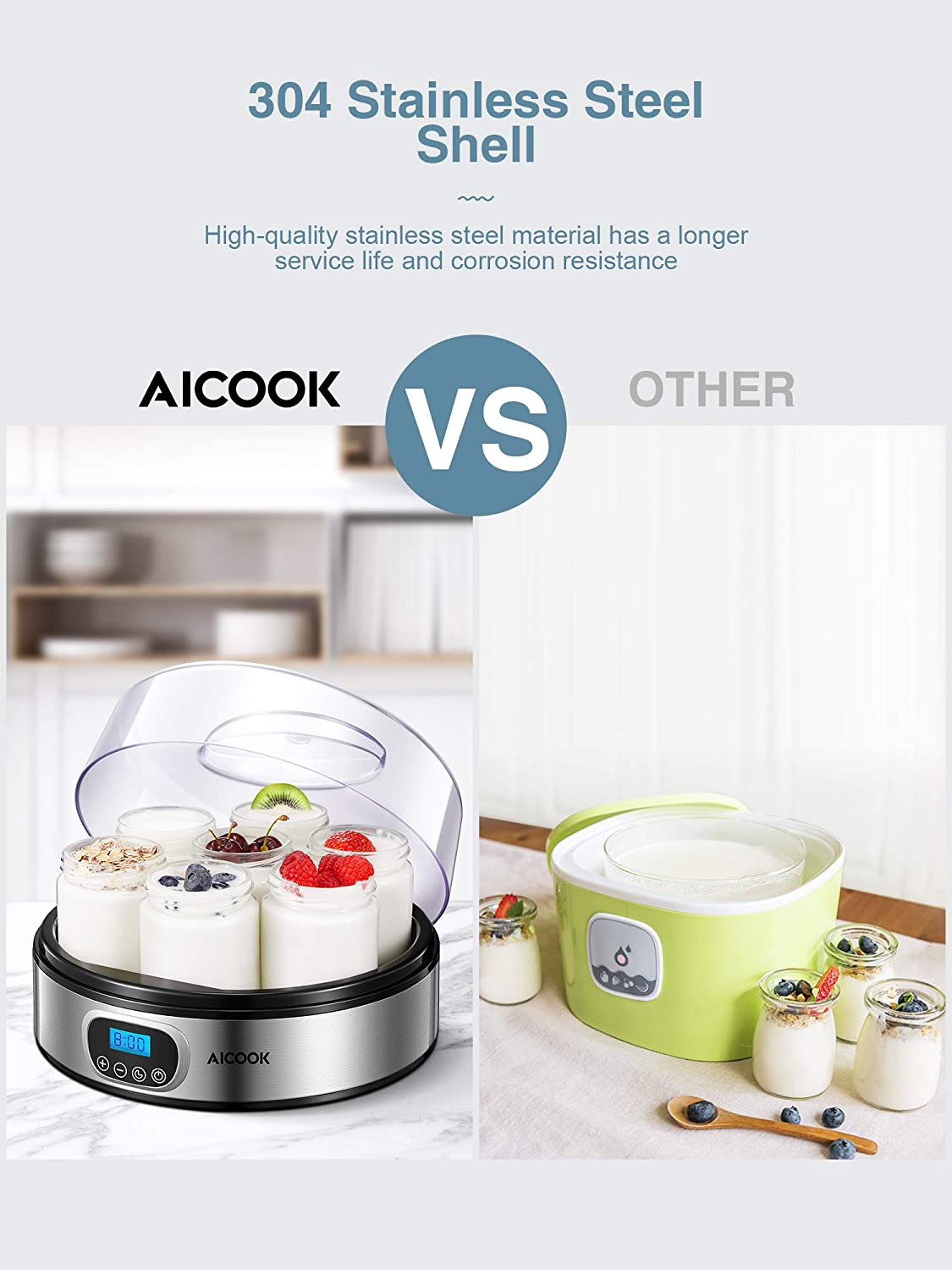 AICOOK | Yogurt Maker, Automatic Digital Yogurt Maker Machine with Timer Control & LCD Display, 304 Stainless Steel Body