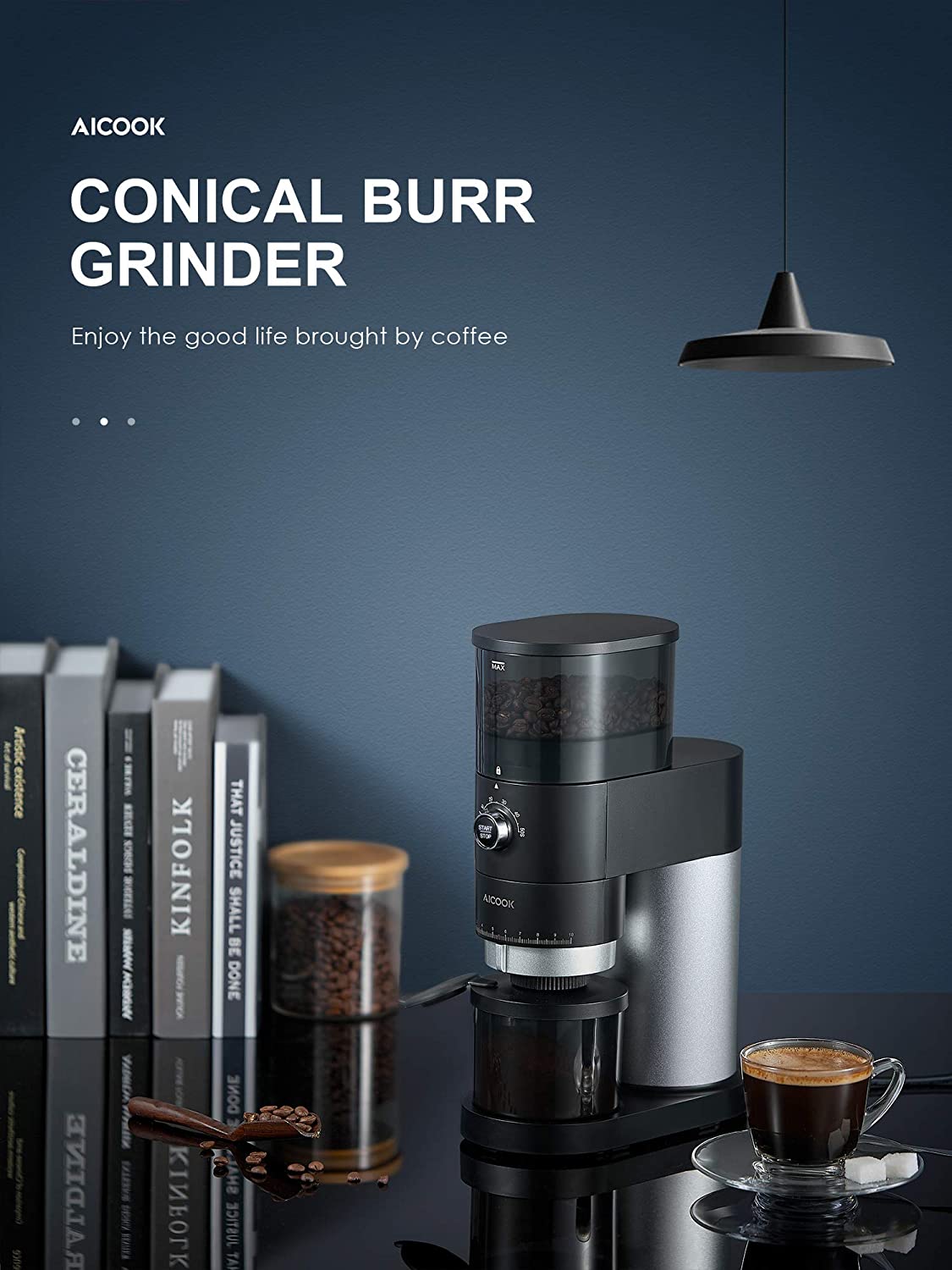 Aicook | Burr Coffee Grinder, Electric Conical Burr Grinder with 42 Precise Grind Settings, One Touch with 50S Grinding, Easy to Clean, Black Matte, Conical Burr Grinder