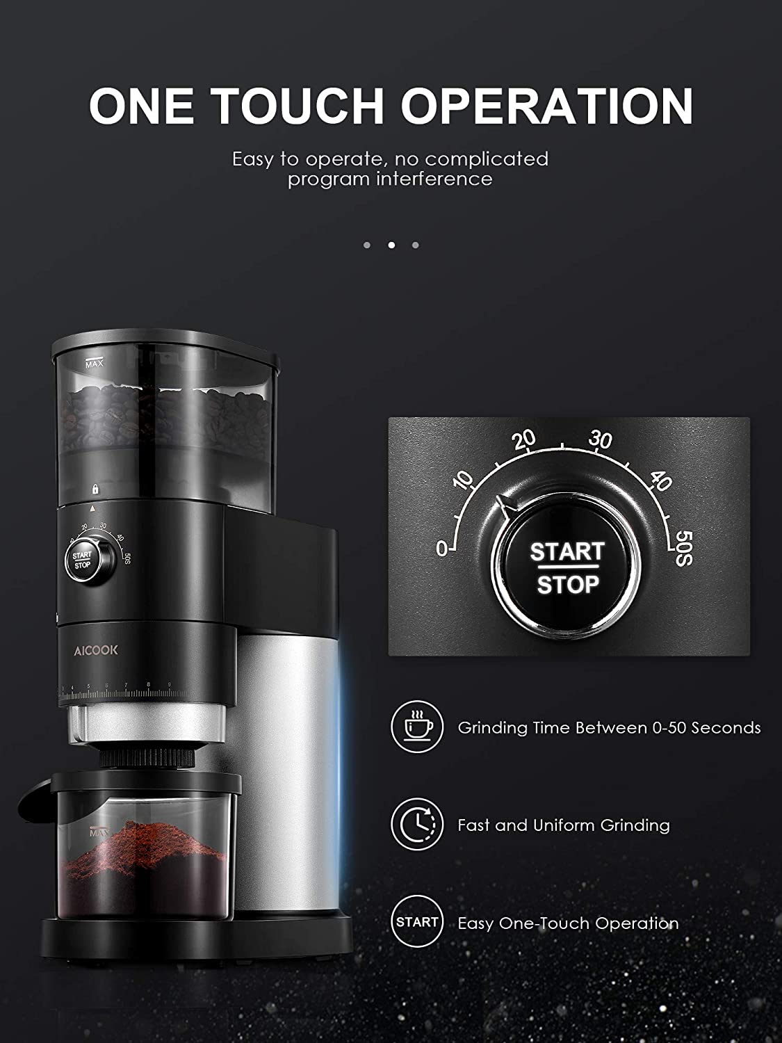 Aicook | Burr Coffee Grinder, Electric Conical Burr Grinder with 42 Precise Grind Settings, One Touch with 50S Grinding, Easy to Clean, Black Matte, One Touch Operation