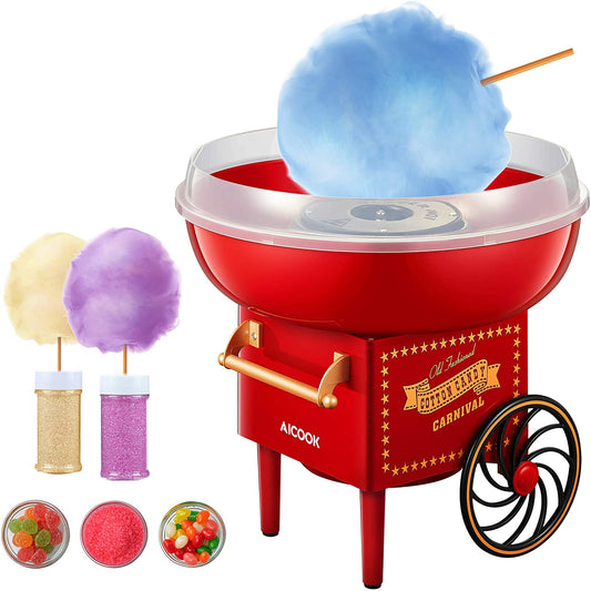AICOOK | Cotton Candy Machine, Nostalgia Candy Floss Maker, Includes Sugar Scoop and 10 Cones, Red