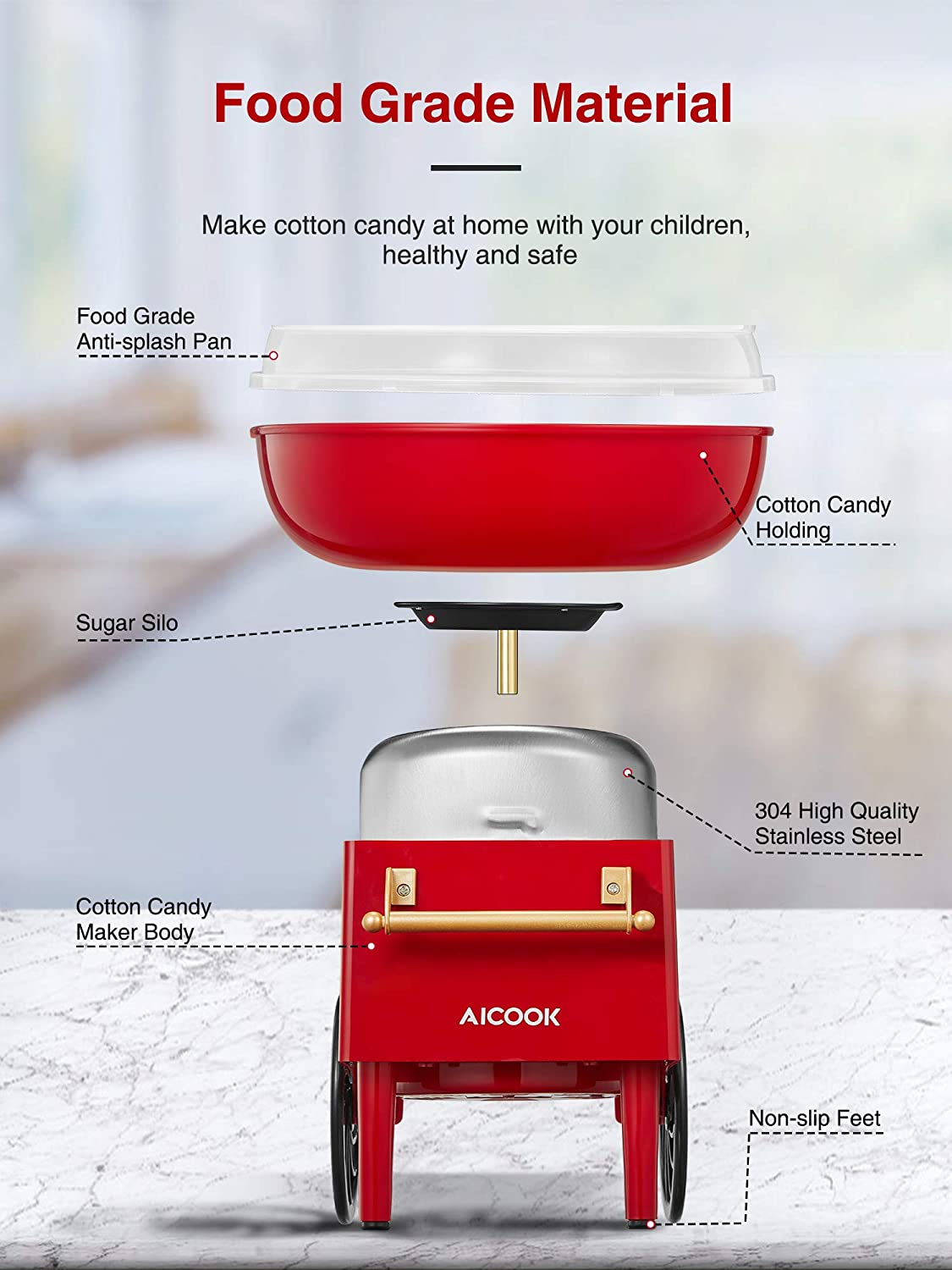 AICOOK | Cotton Candy Machine, Nostalgia Candy Floss Maker, Includes Sugar Scoop and 10 Cones, Healthy and Safe, Red