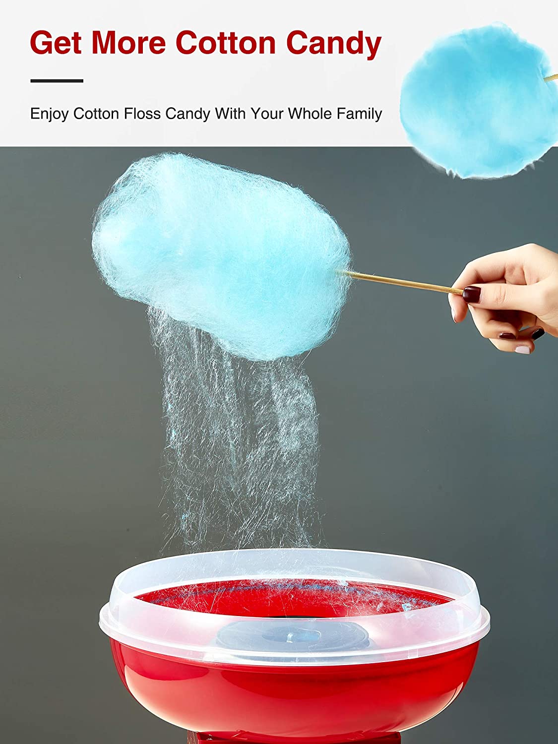 AICOOK | Cotton Candy Machine, Nostalgia Candy Floss Maker, Includes Sugar Scoop and 10 Cones, Family Gift, Red