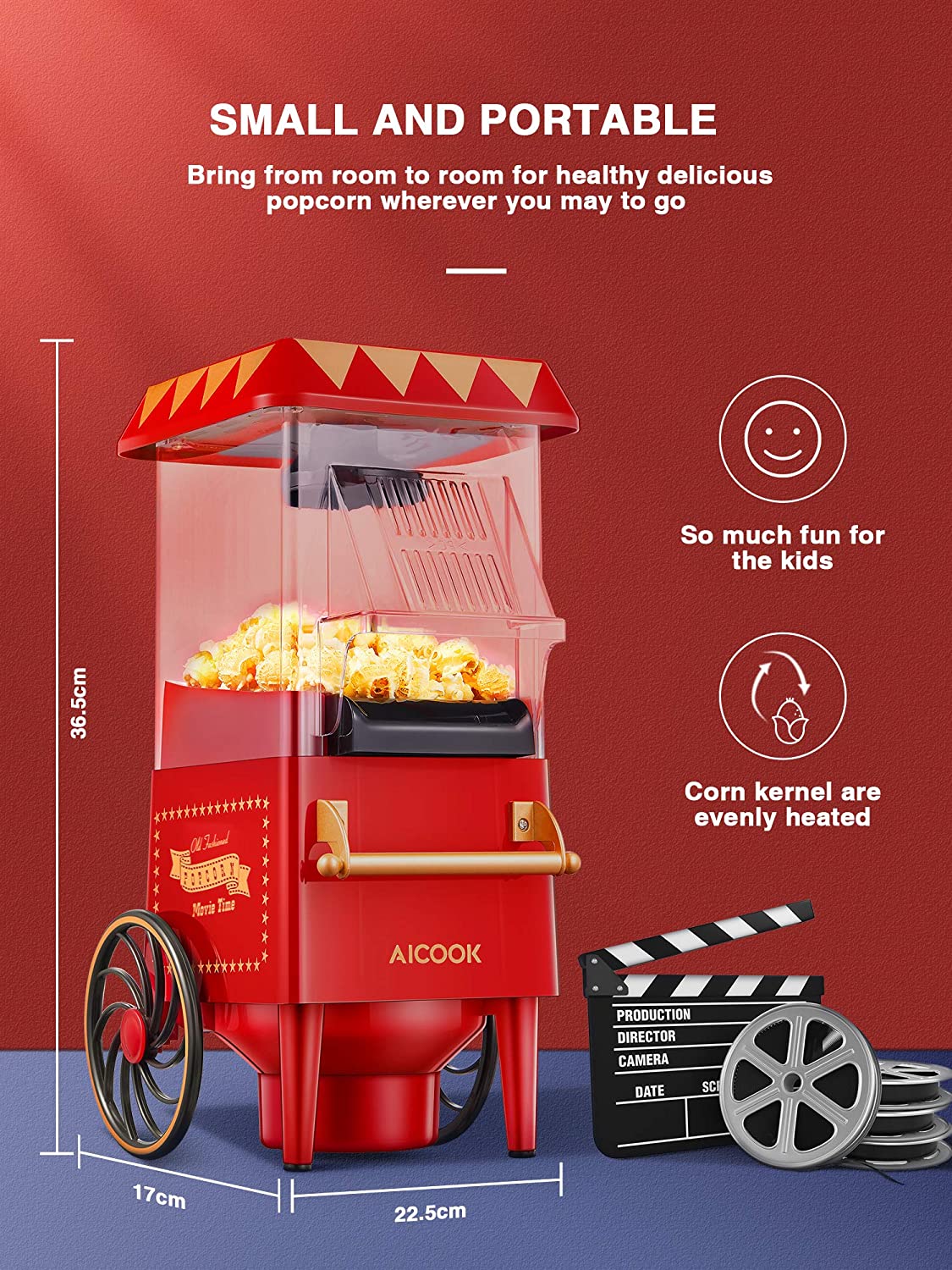 AICOOK Hot Air Popcorn Popper, 1400W, Aqua and red, Popcorn Maker With