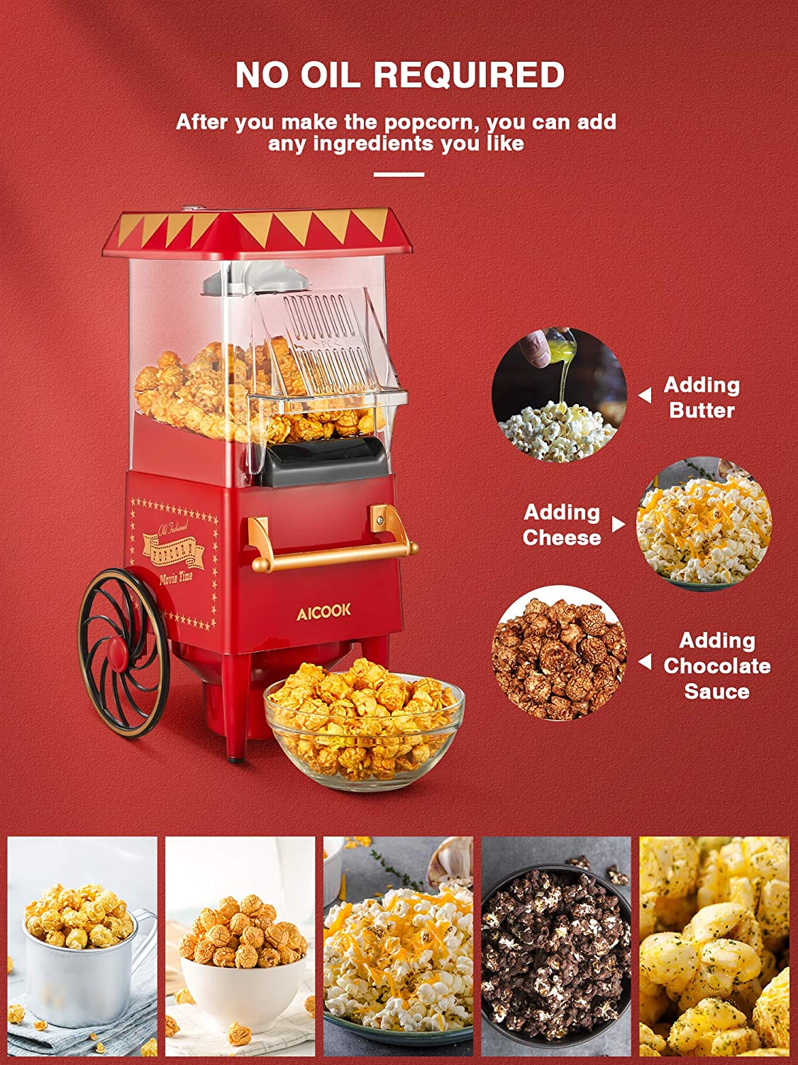 AICOOK | Popcorn Maker Retro, 1200W Hot Air Home Popcorn Popper with Measuring Cup, ETL Certified, BPA-Free, Vintage Style Popcorn Machine, No Oil Required