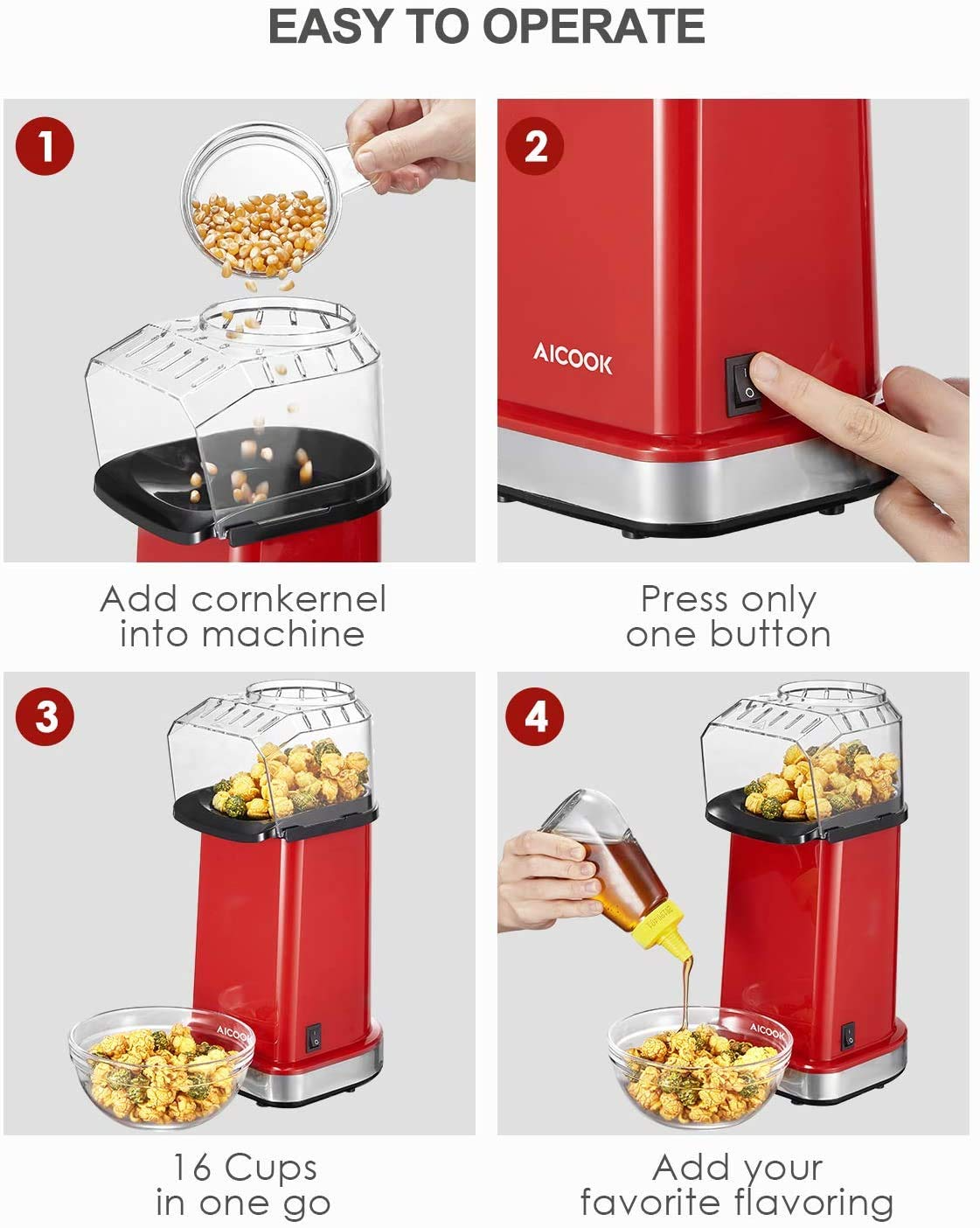 AICOOK Hot Air Popcorn Popper, 1400W, Aqua and red, Popcorn Maker With Measuring Cup and Removable Top Cover