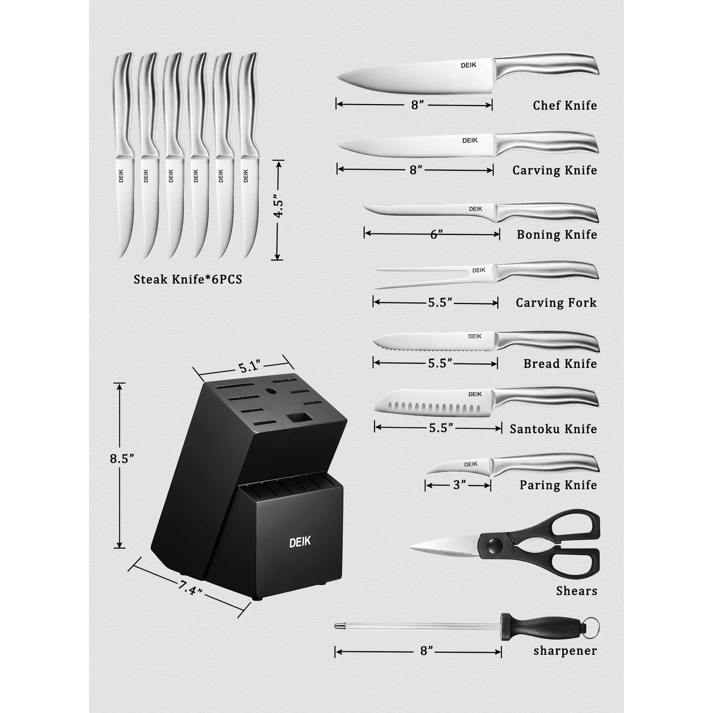 Deik Knife Set , 16 Pieces Stainless Steel Hollow Handle Kitchen Cutlery Set with Block