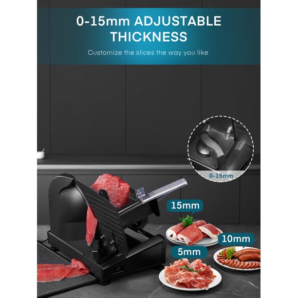 Meat Slicer, AICOOK Kitchen Pro 200W Electric Deli Food Slicer with Two 7.5'' Blade(Serrated & Smooth) for Home Use, Precise 0-15mm Adjustable Thickness for Meat, Cheese, Bread, Include Food Pusher