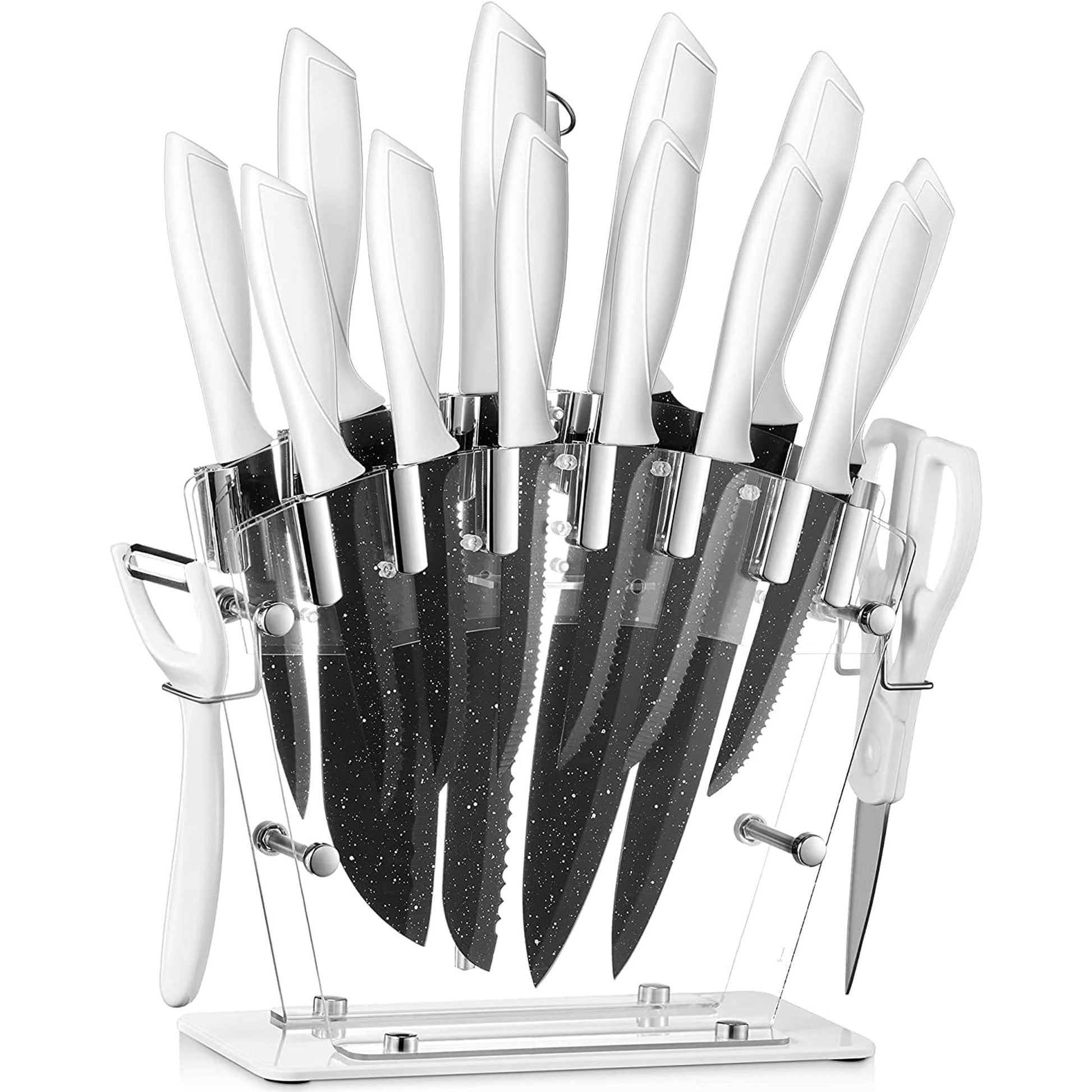 DEIK Knife Set, 16 PCS High Carbon Stainless Steel Kitchen Knife Set,  Non-stick Coated Blade, No Rust, Sharp Cutlery White Knife Set with Acrylic